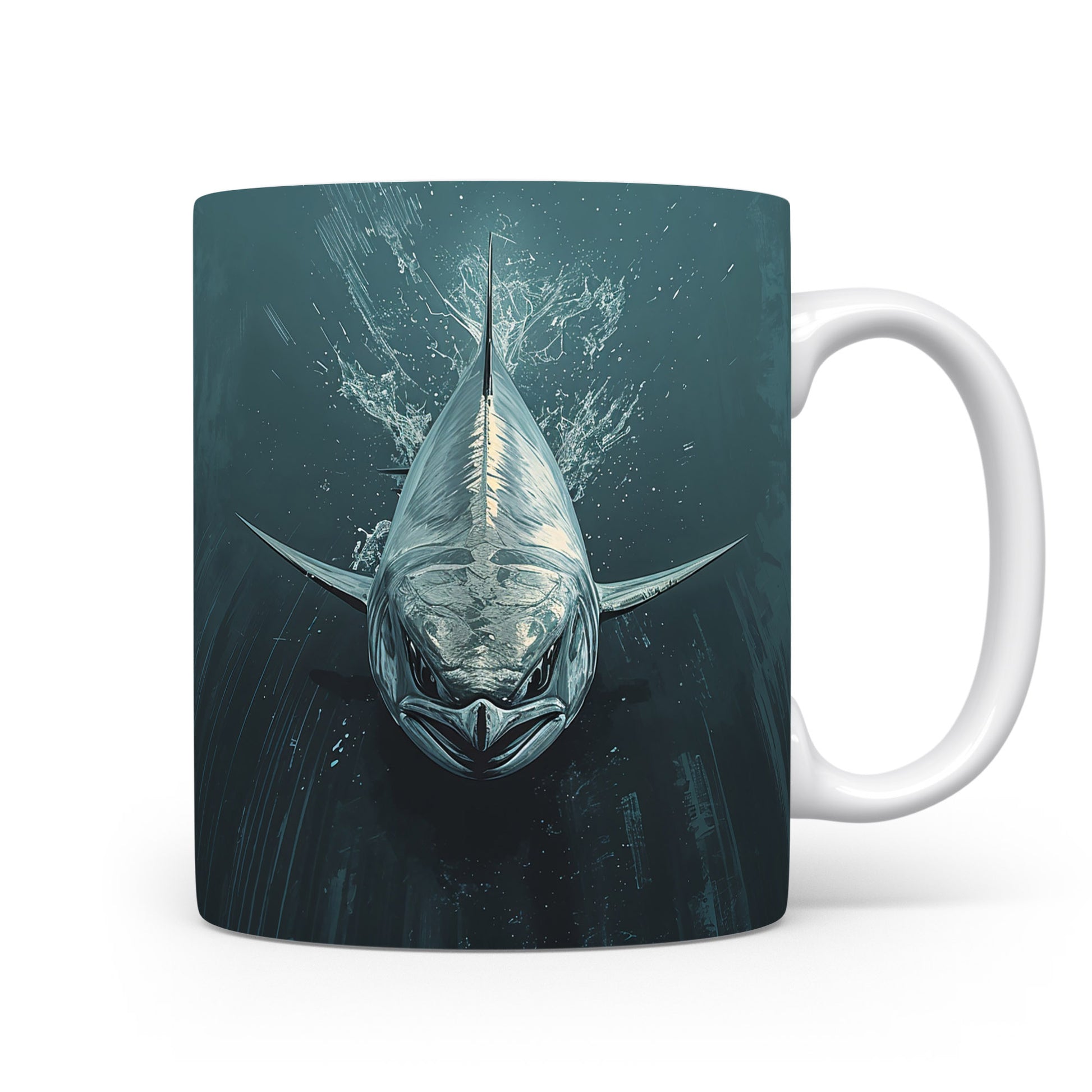 Žralok plující temnými vodami na hrnku