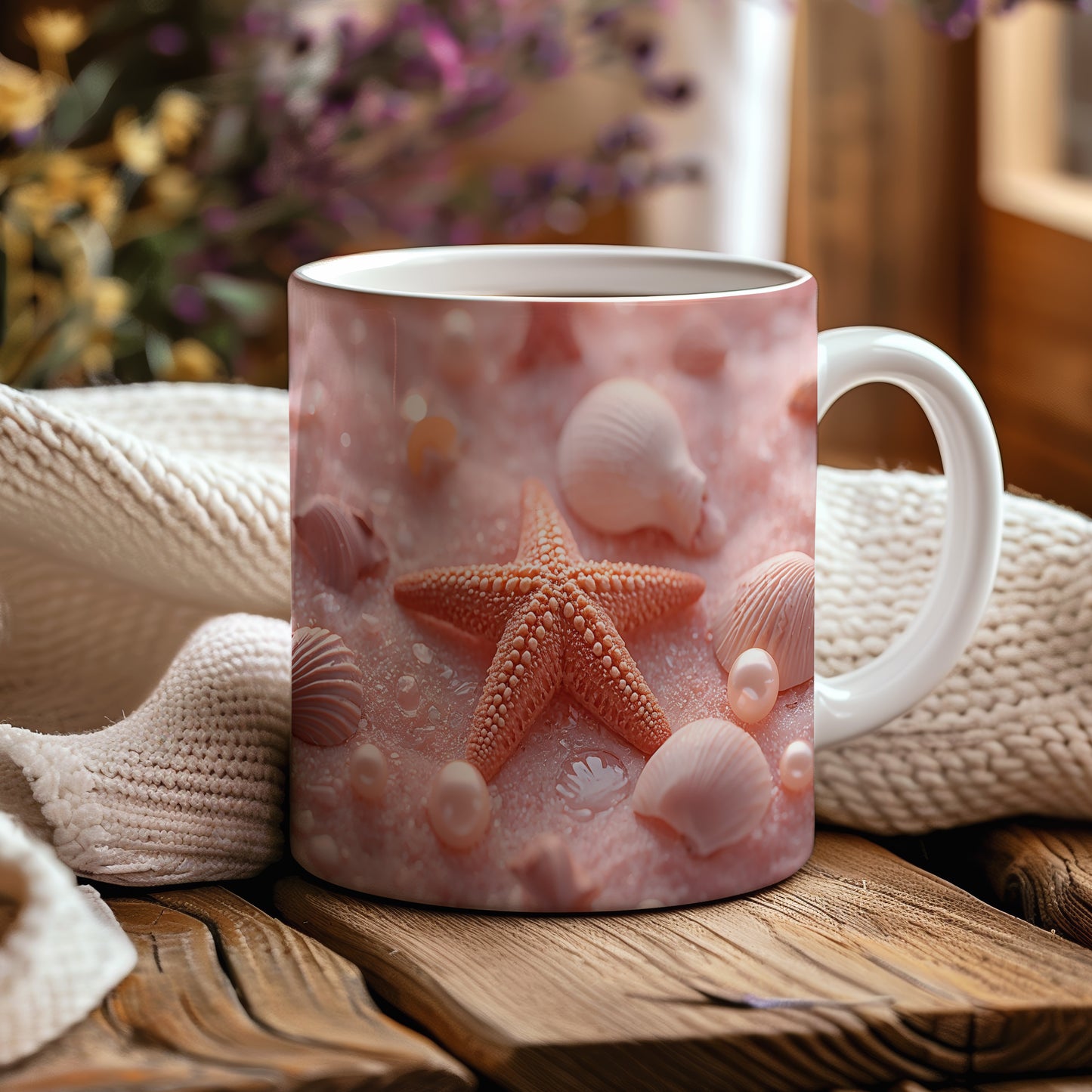 Hrnek s motivem z vodního světa – Hvězdice na růžovém písku