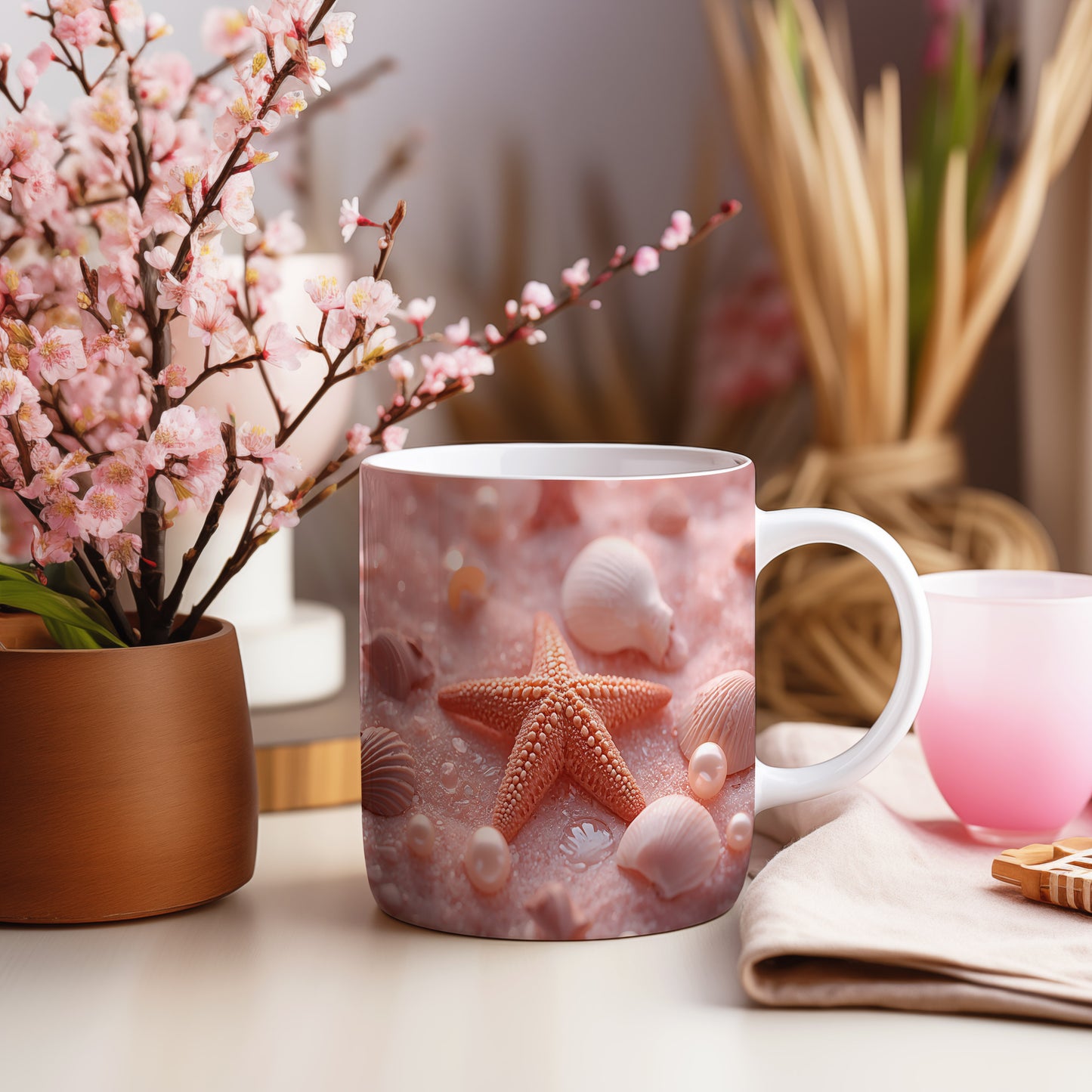 Hrnek s motivem z vodního světa – Hvězdice na růžovém písku