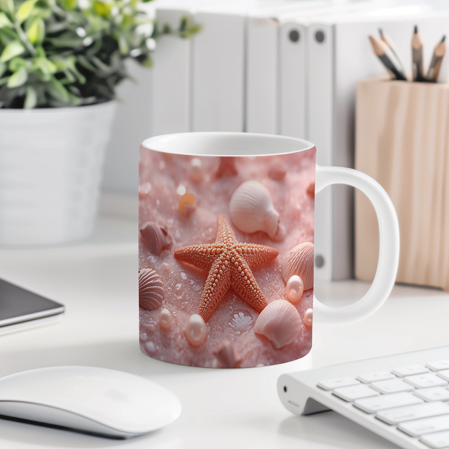 Hrnek s motivem z vodního světa – Hvězdice na růžovém písku