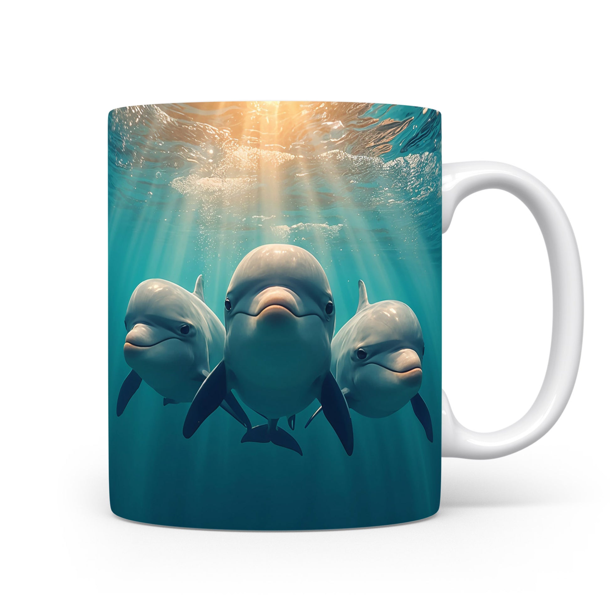 Tři delfíni tančící pod hladinou oceánu