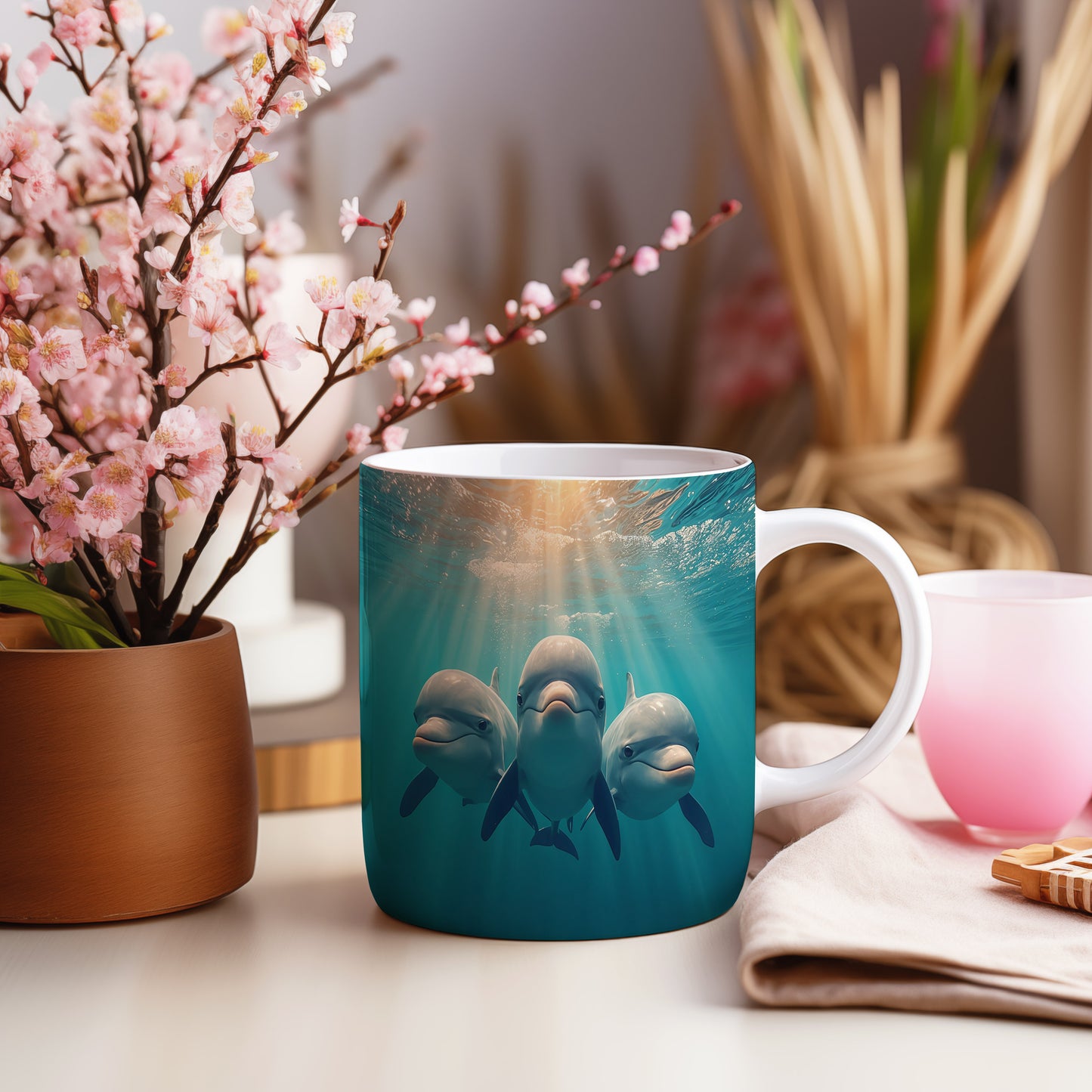 Hrnek s motivem z vodního světa – Tanec delfínů