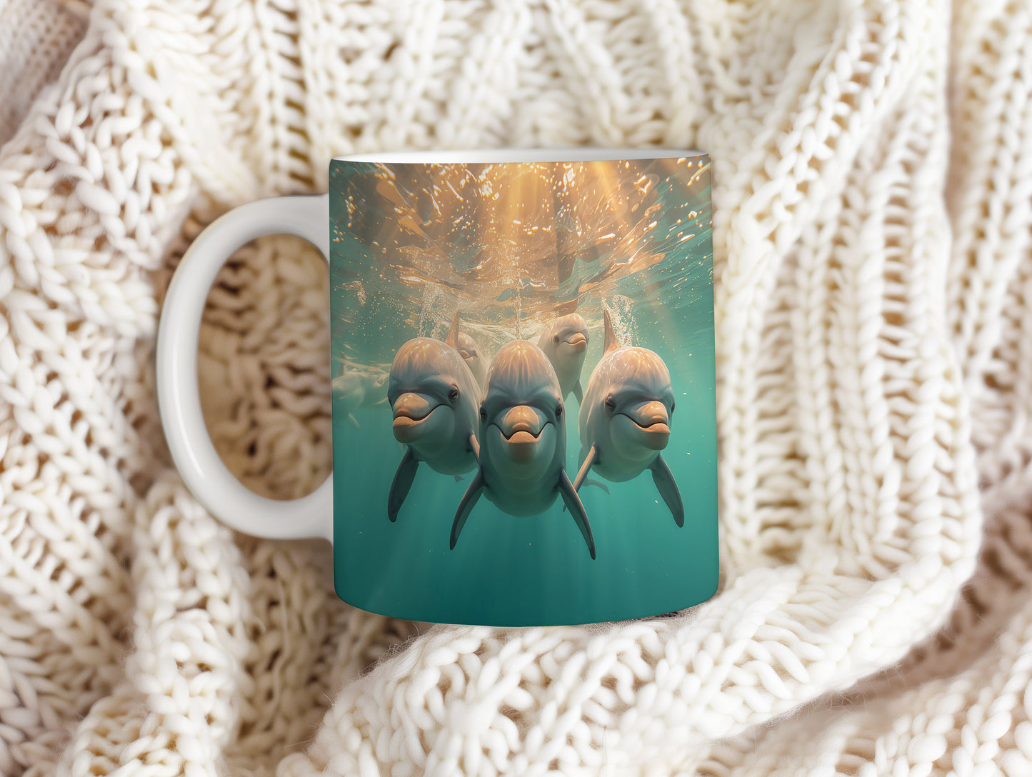 Hrnek s motivem z vodního světa – Rozesmátí delfíni