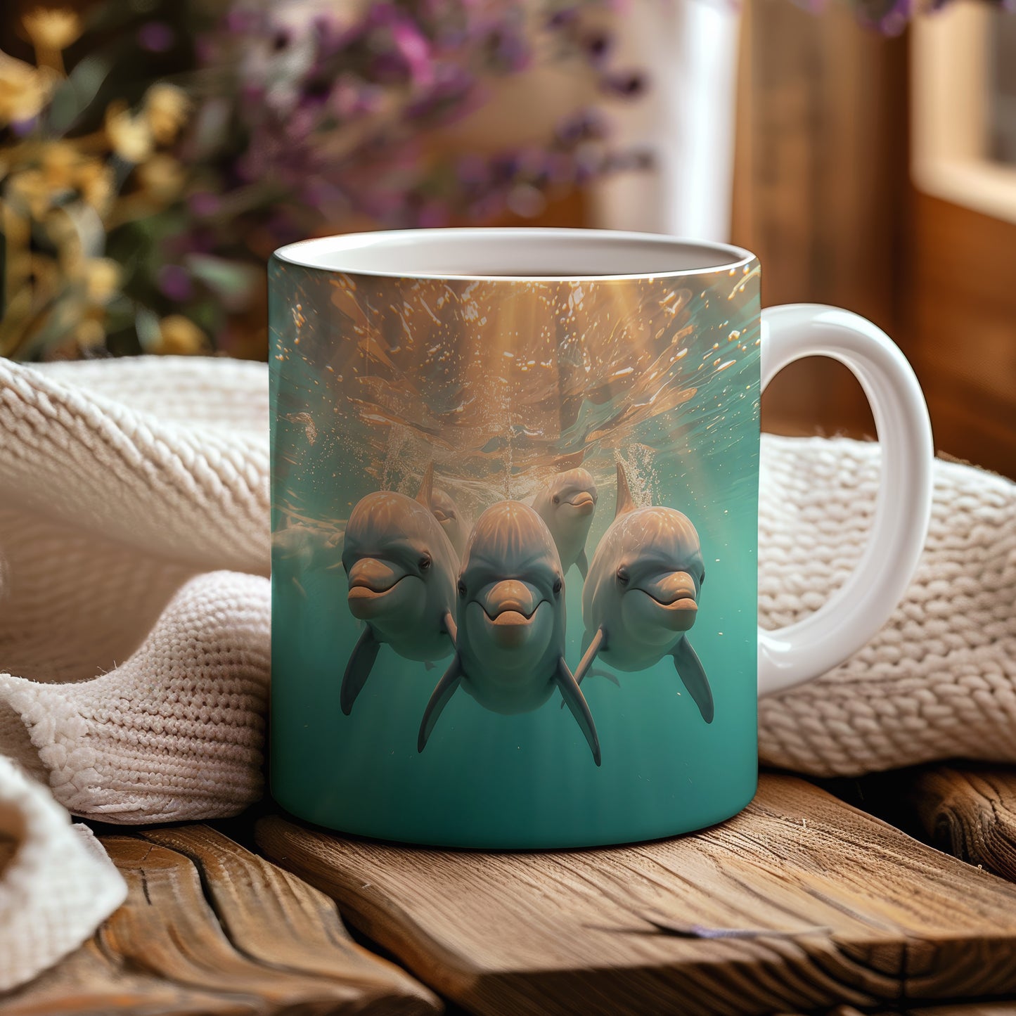 Hrnek s motivem z vodního světa – Rozesmátí delfíni