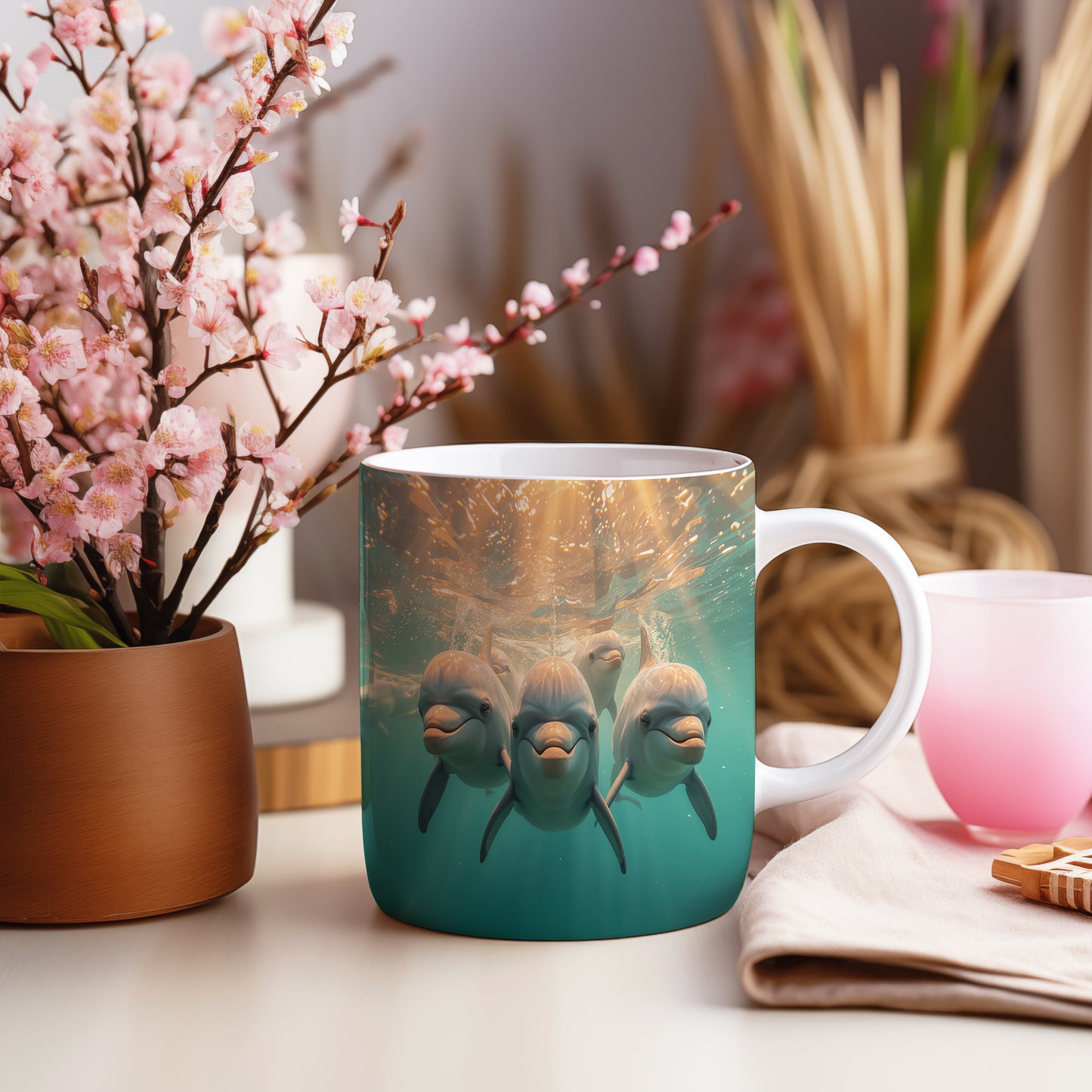 Hrnek s motivem z vodního světa – Rozesmátí delfíni