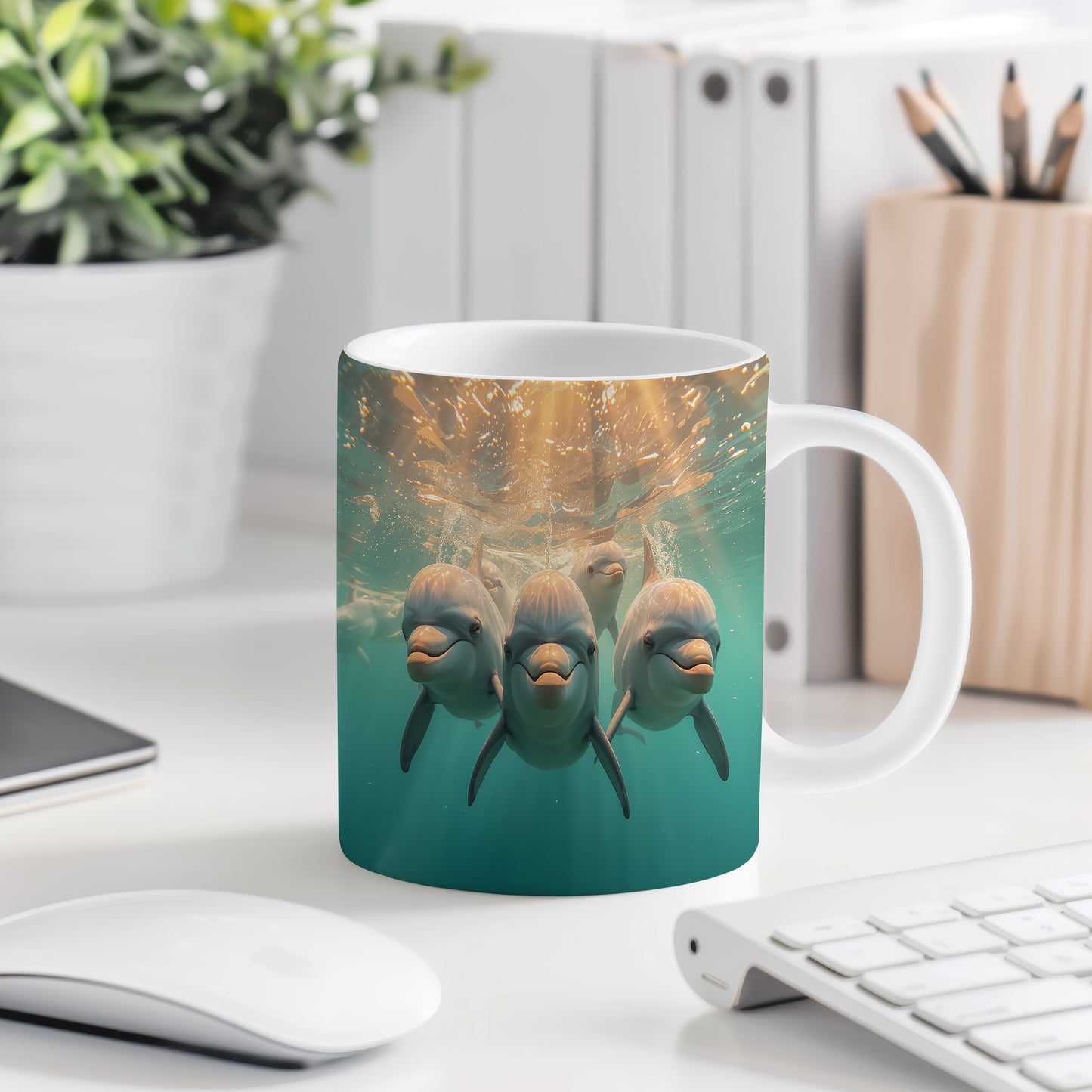 Hrnek s motivem z vodního světa – Rozesmátí delfíni