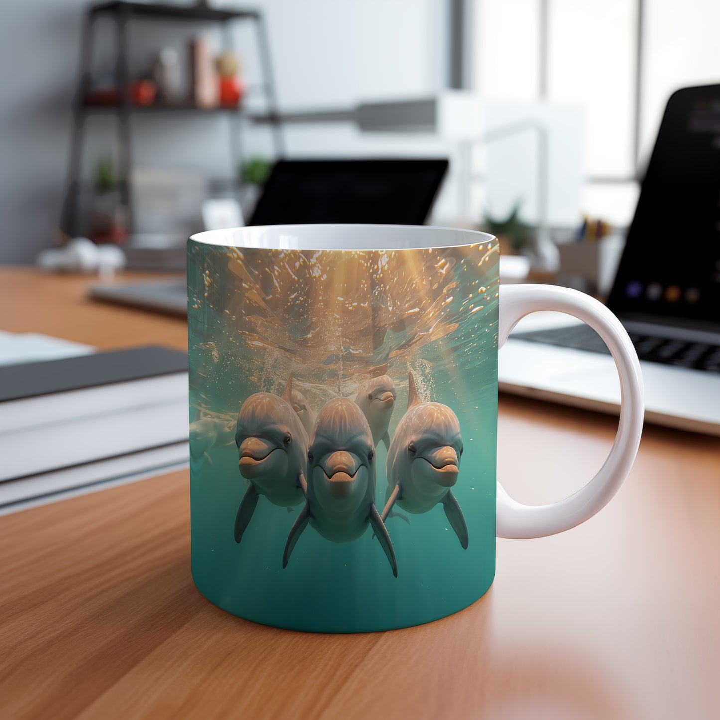 Hrnek s motivem z vodního světa – Rozesmátí delfíni