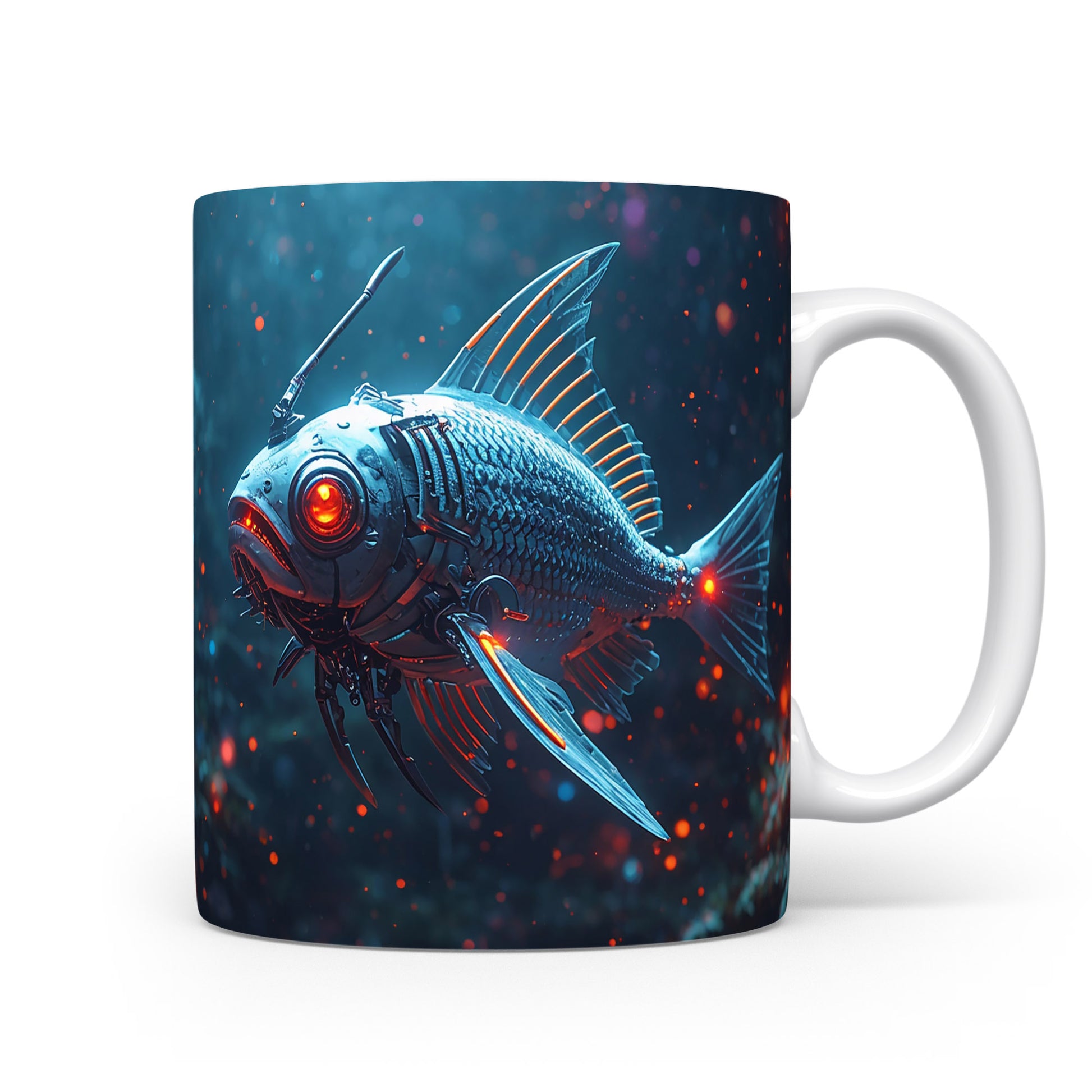 Kybernetická ryba v oceánu s kovovými detaily