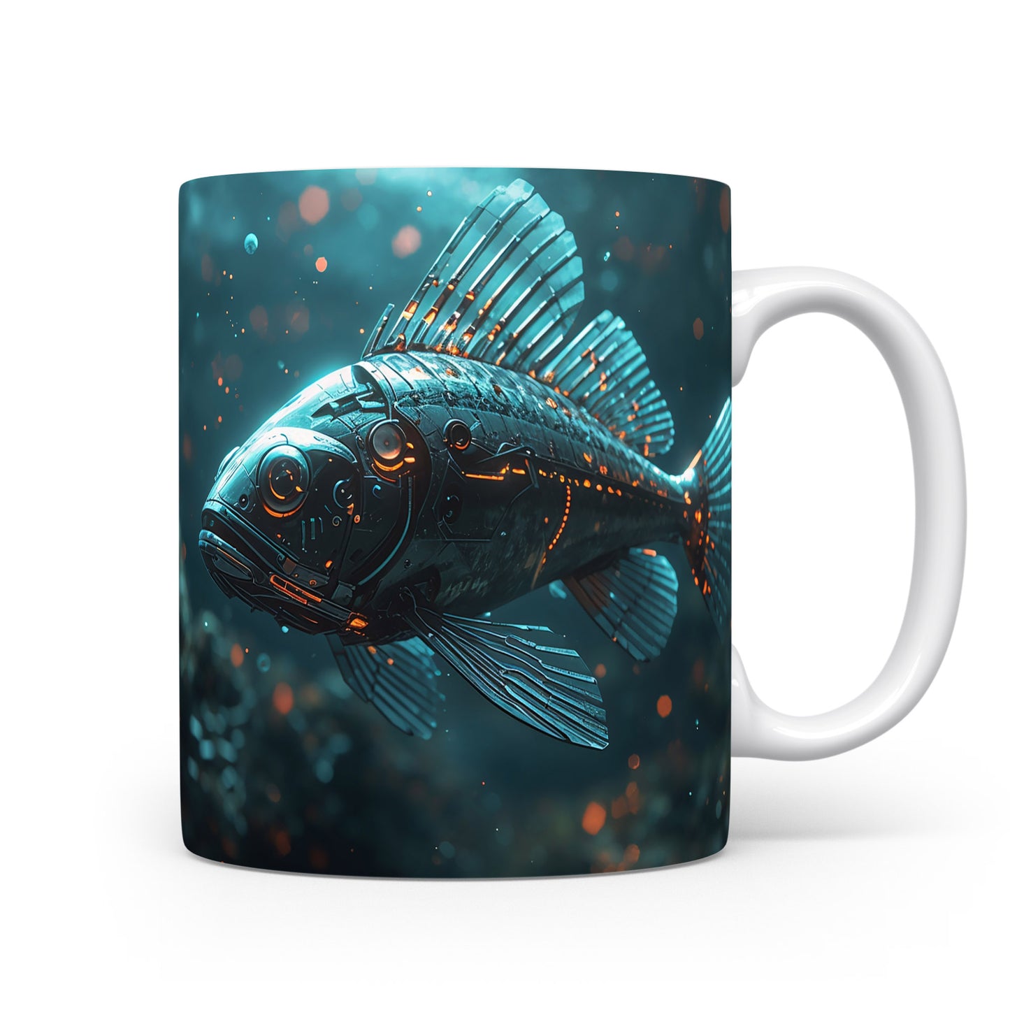 Futuristická ryba s kovovými ploutvemi v modré záři