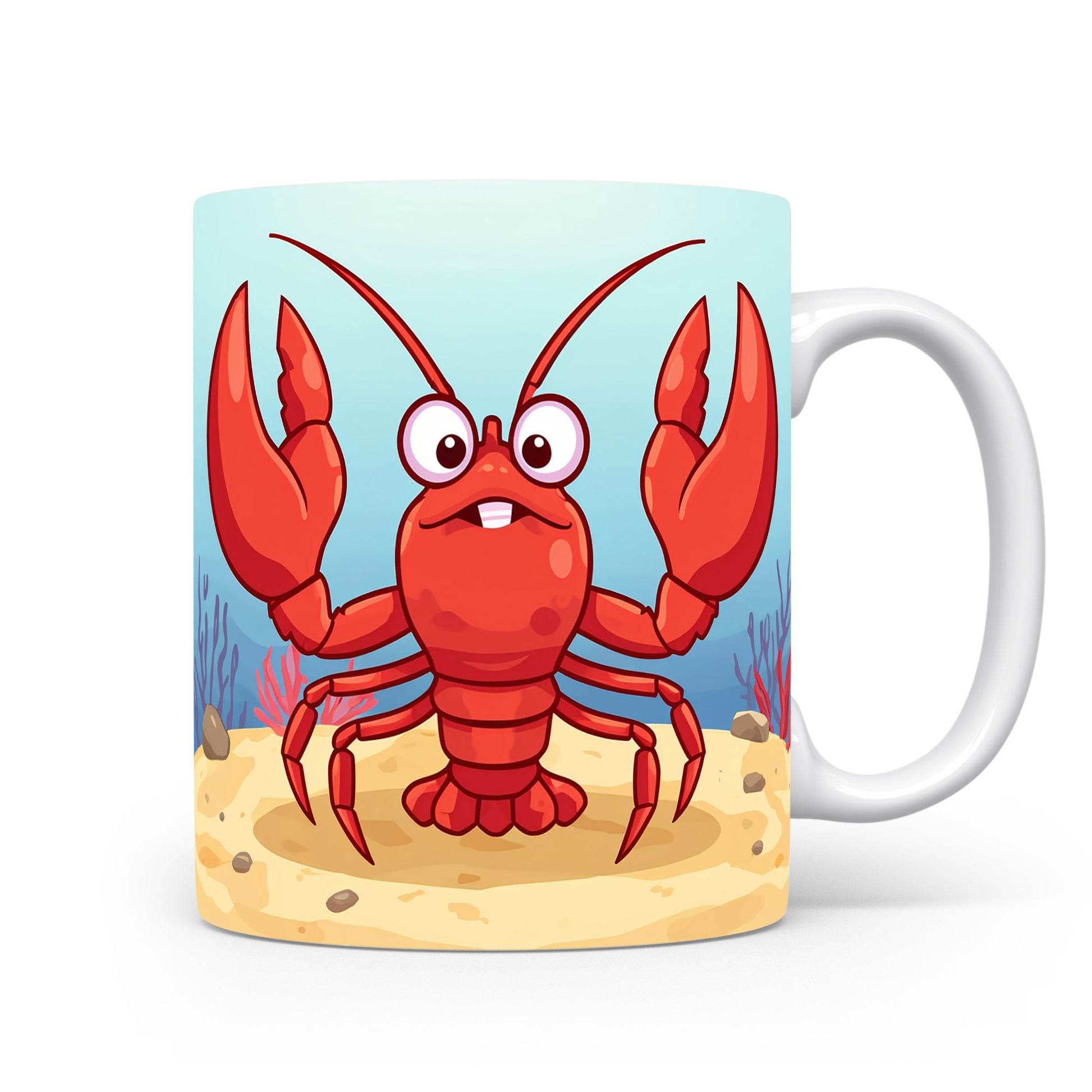 Veselý červený rak na písčitém dně s korály