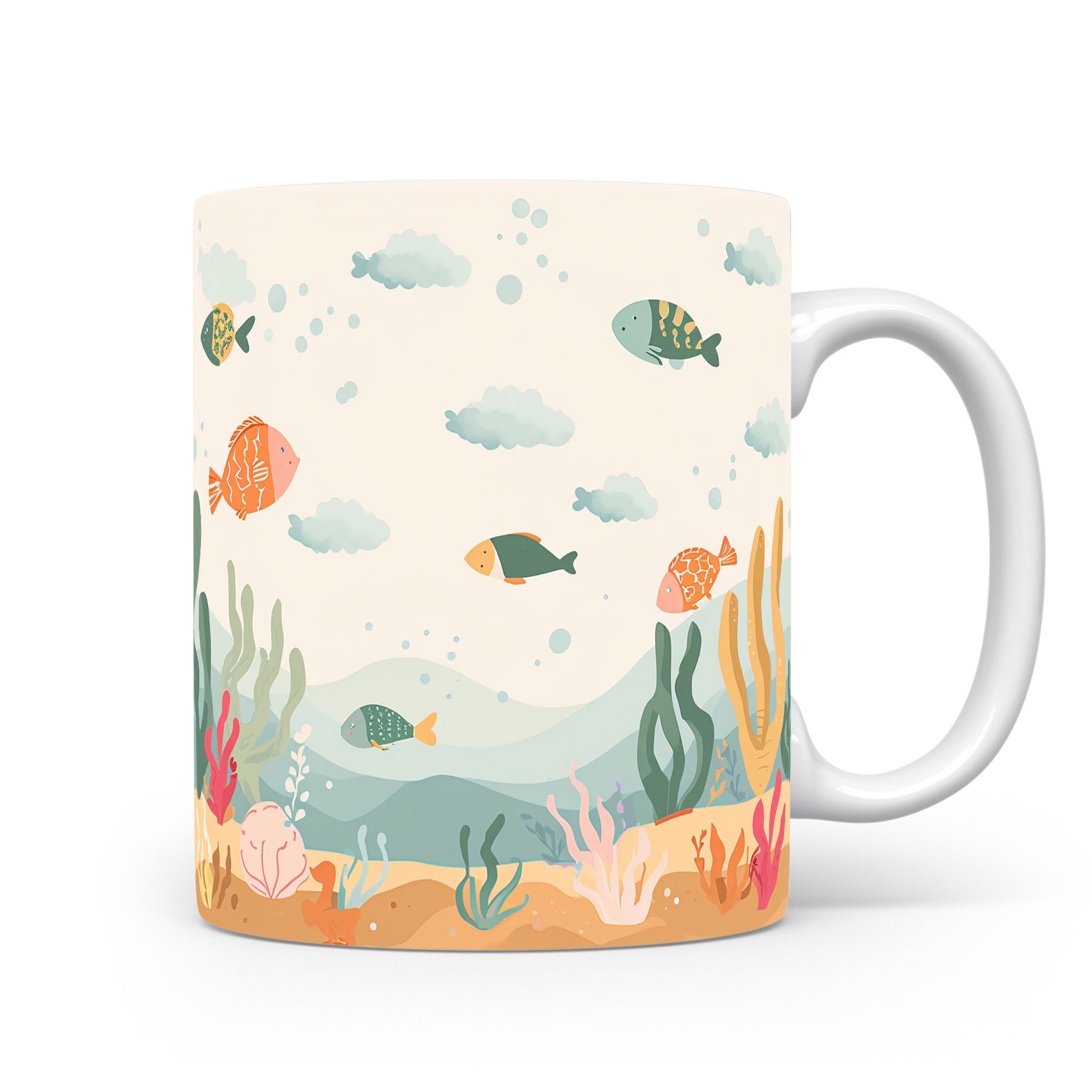 Rybky a korály v pastelových barvách na hrnku