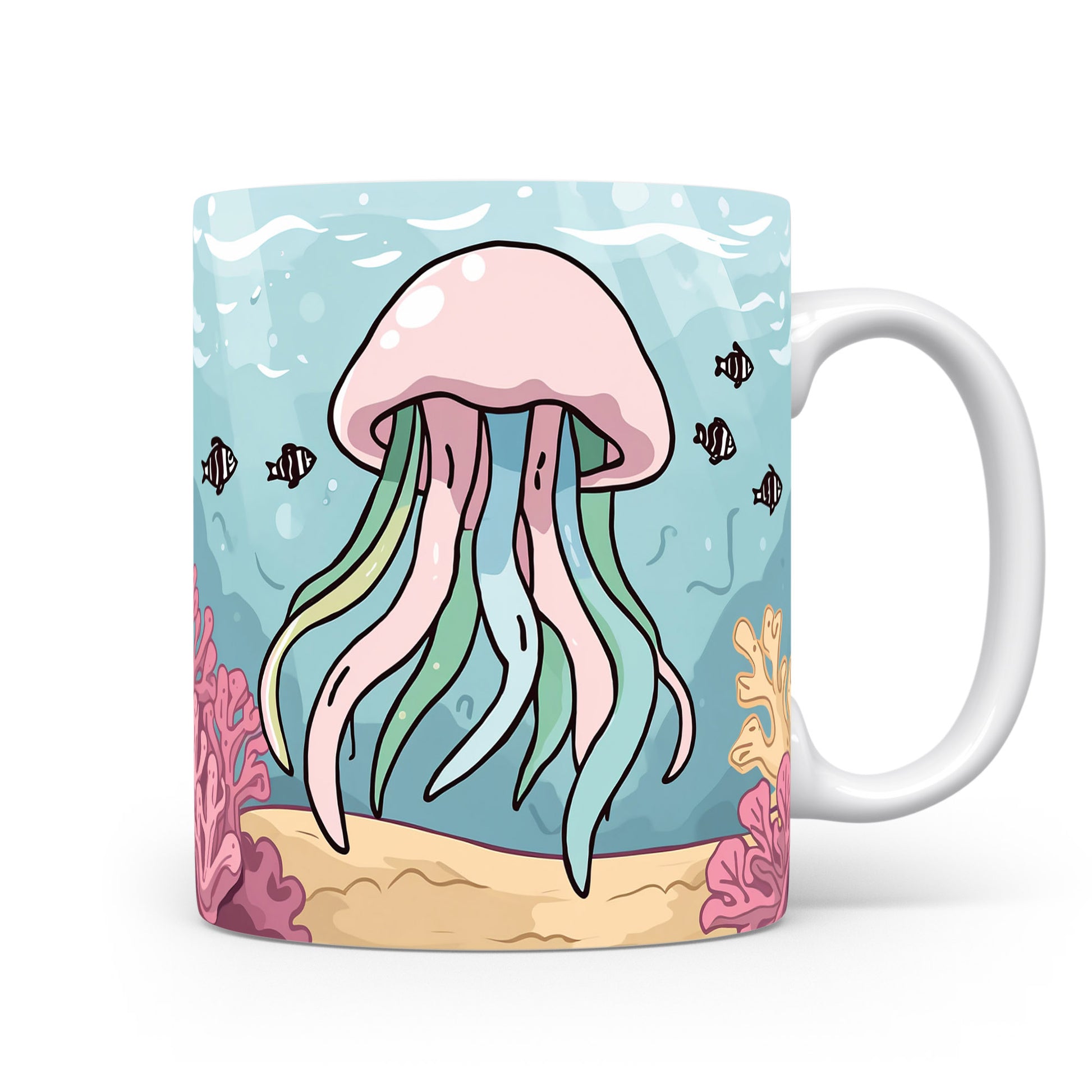 Kreslená medúza a korály na hrnku