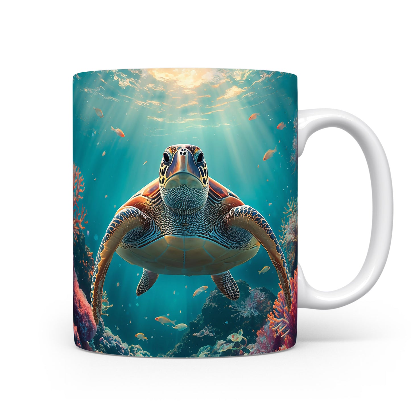 Mořská želva plující mezi korály pod slunečními paprsky