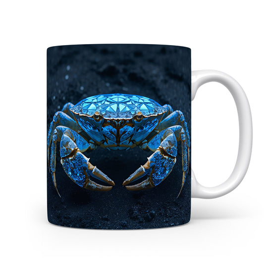 Krab s modrými geometrickými vzory na tmavém mořském dně