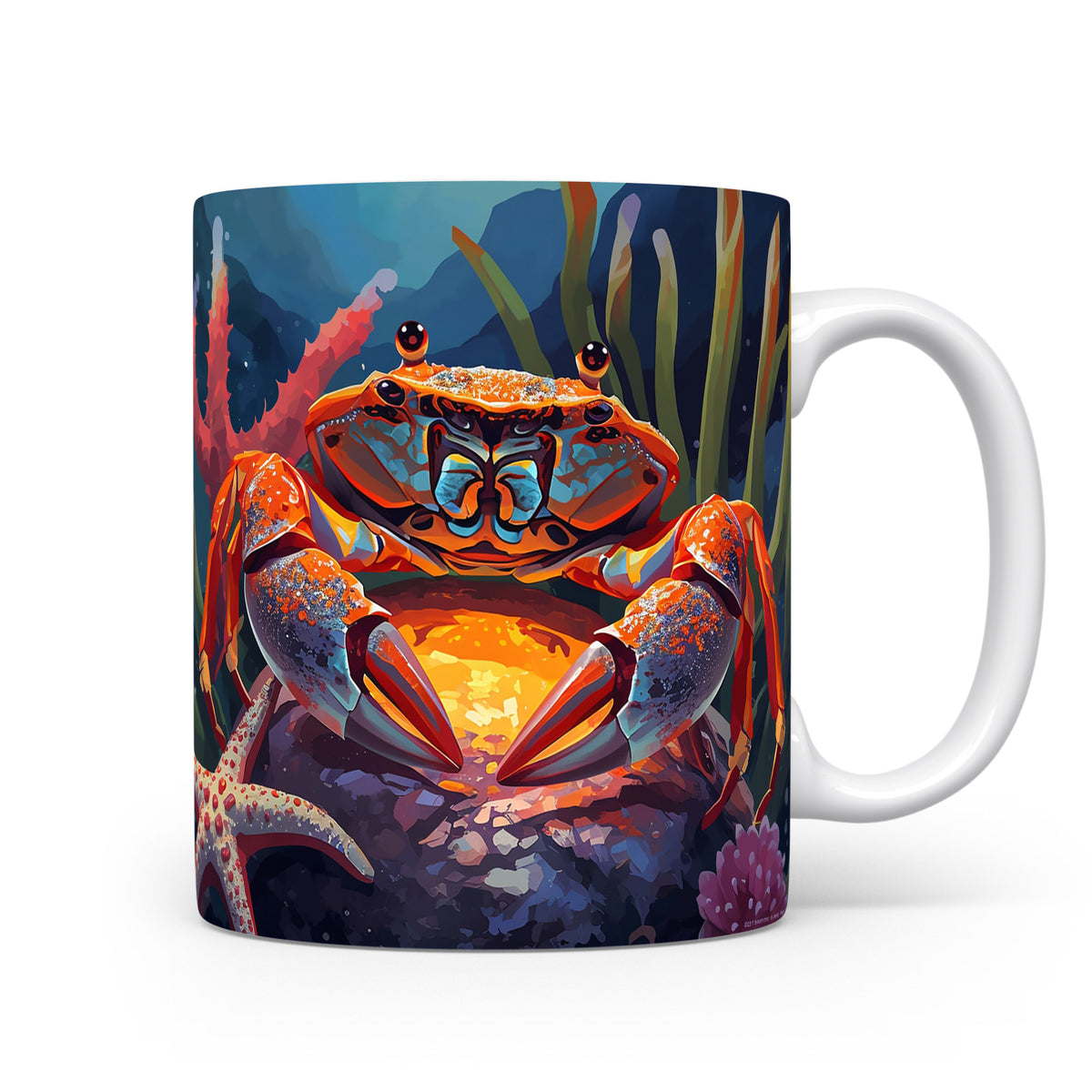 Krab v mořské záři, obklopený korály