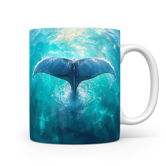 Hrnek s motivem velrybího ocasu v modré vodě