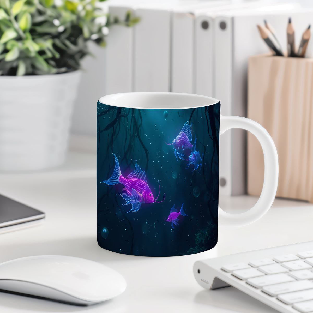 Hrnek s motivem z vodního světa – Magické neonové ryby
