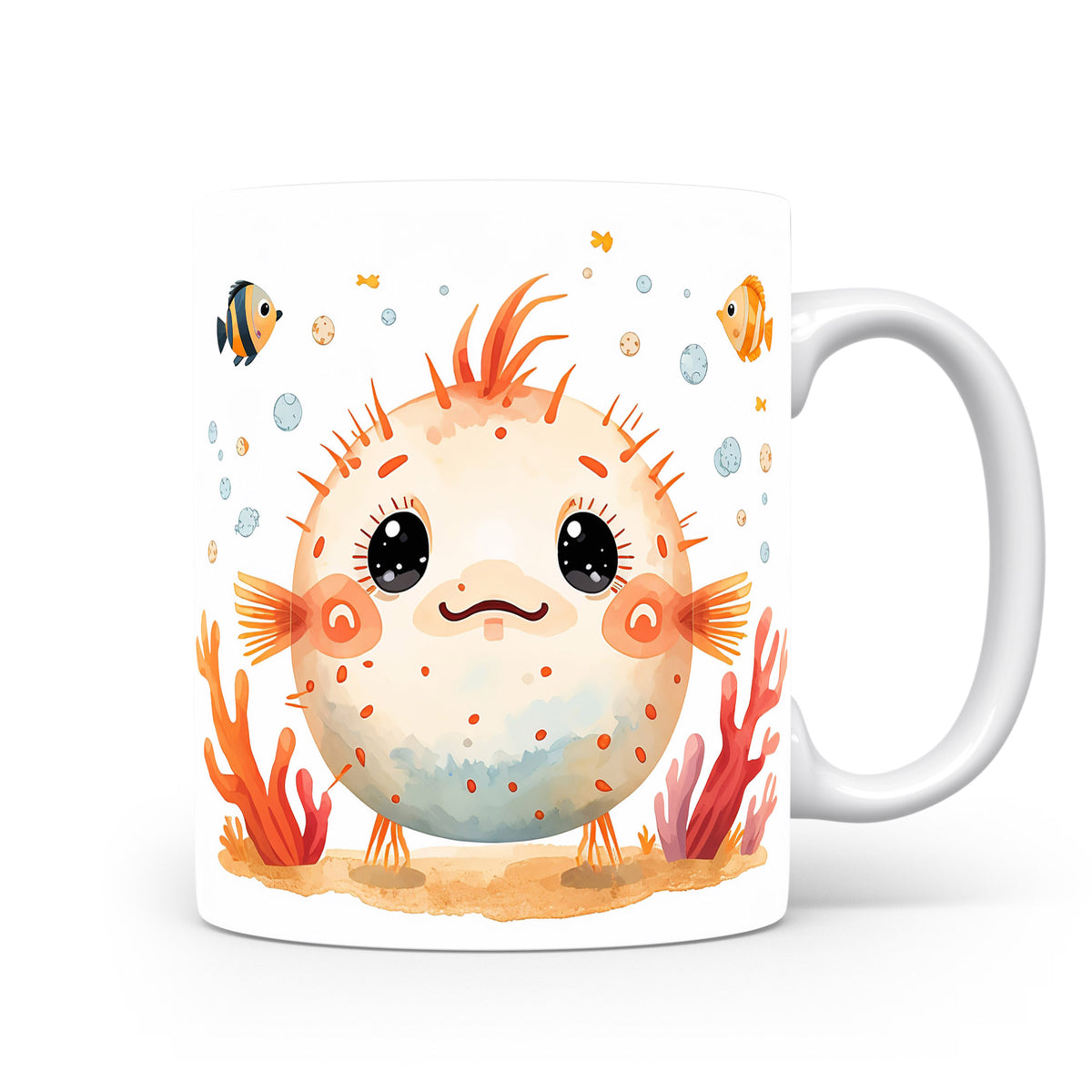 Hrnek s roztomilým pufferfish a korály