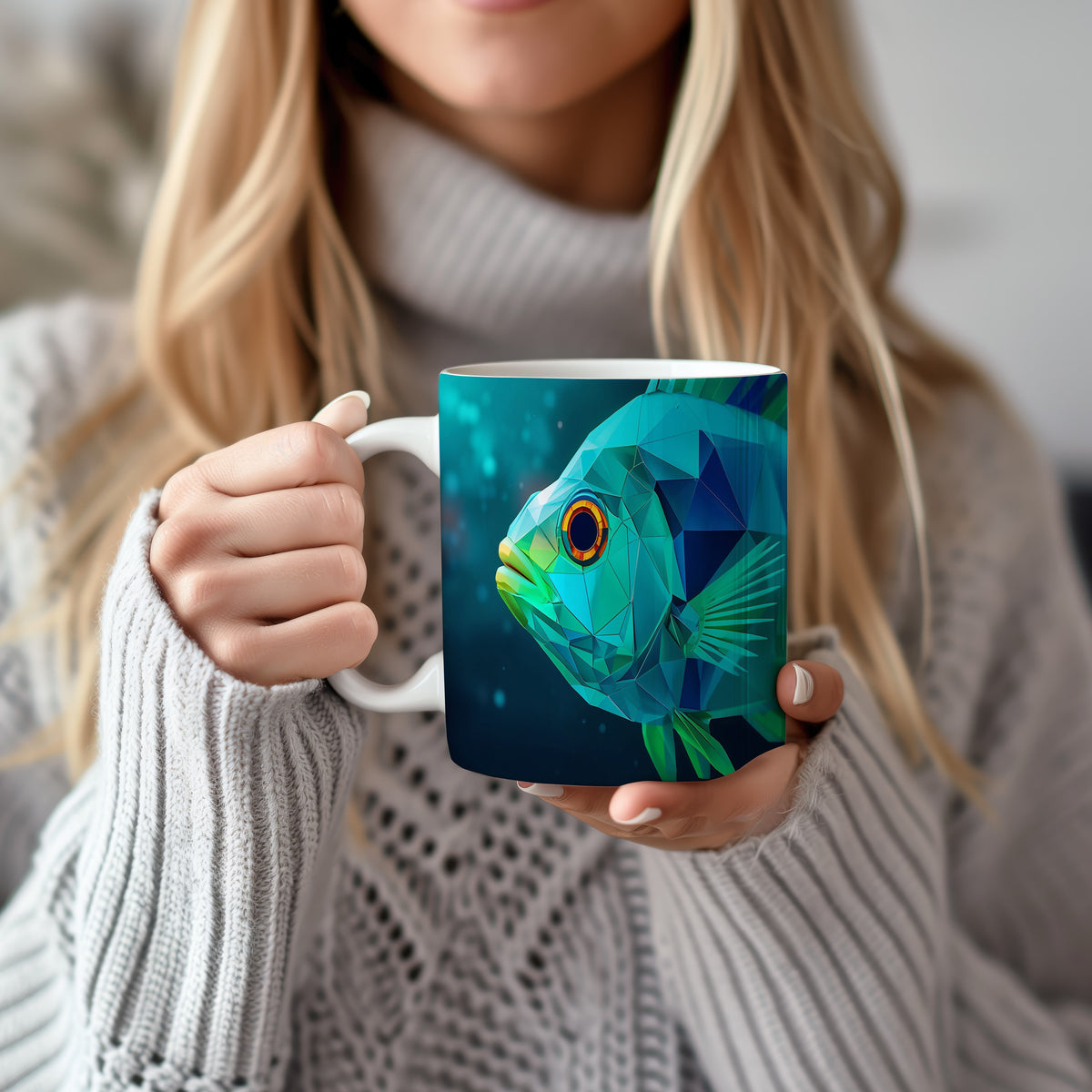 Hrnek s motivem z vodního světa – Geometrická rybí symfonie