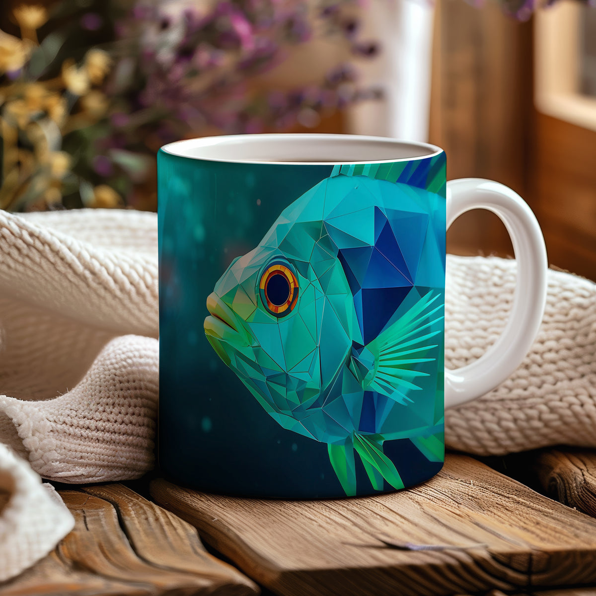 Hrnek s motivem z vodního světa – Geometrická rybí symfonie