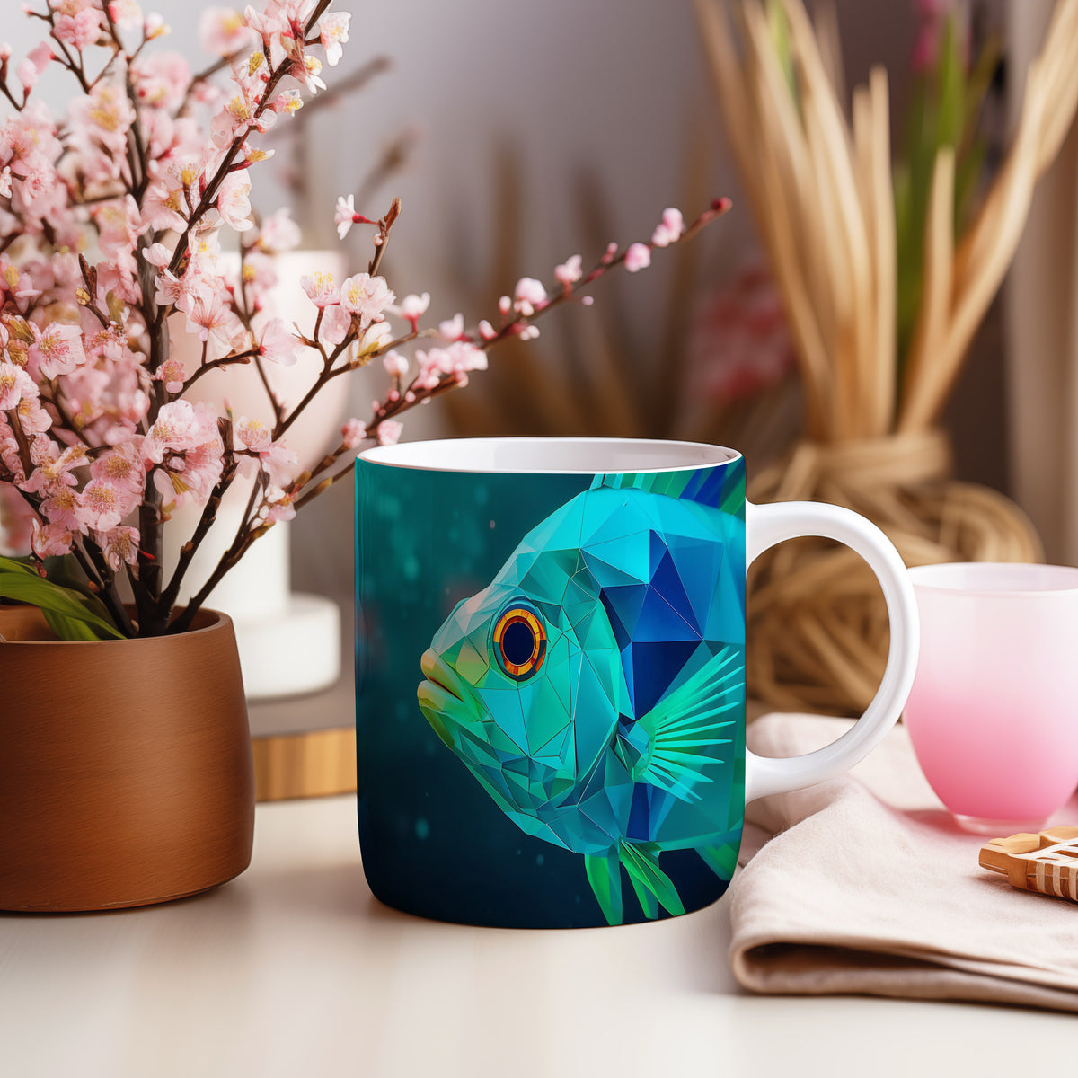 Hrnek s motivem z vodního světa – Geometrická rybí symfonie