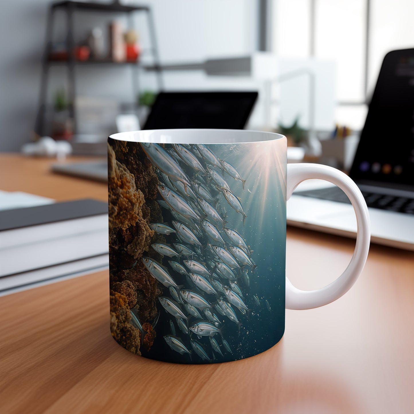 Hrnek s motivem z vodního světa – Stříbrný tanec hejna