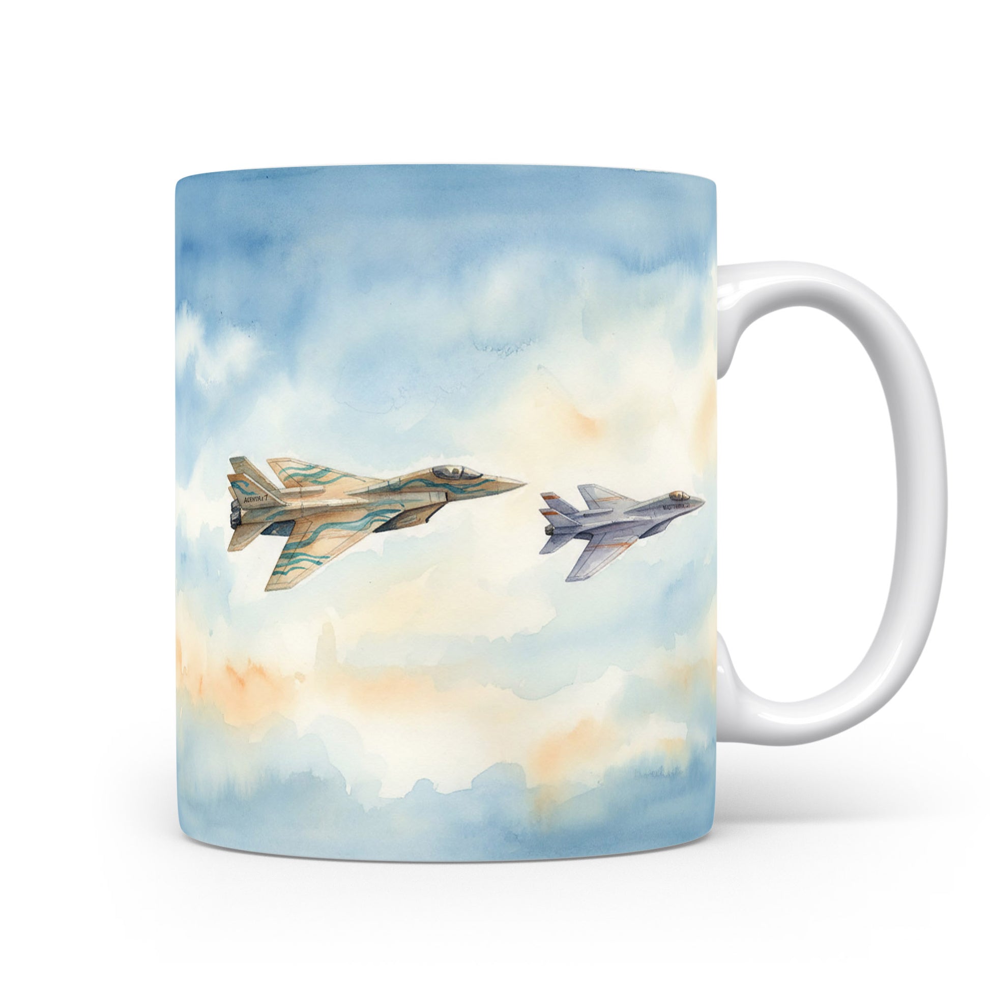 Hrnek s akvarelovými stíhačkami na obloze