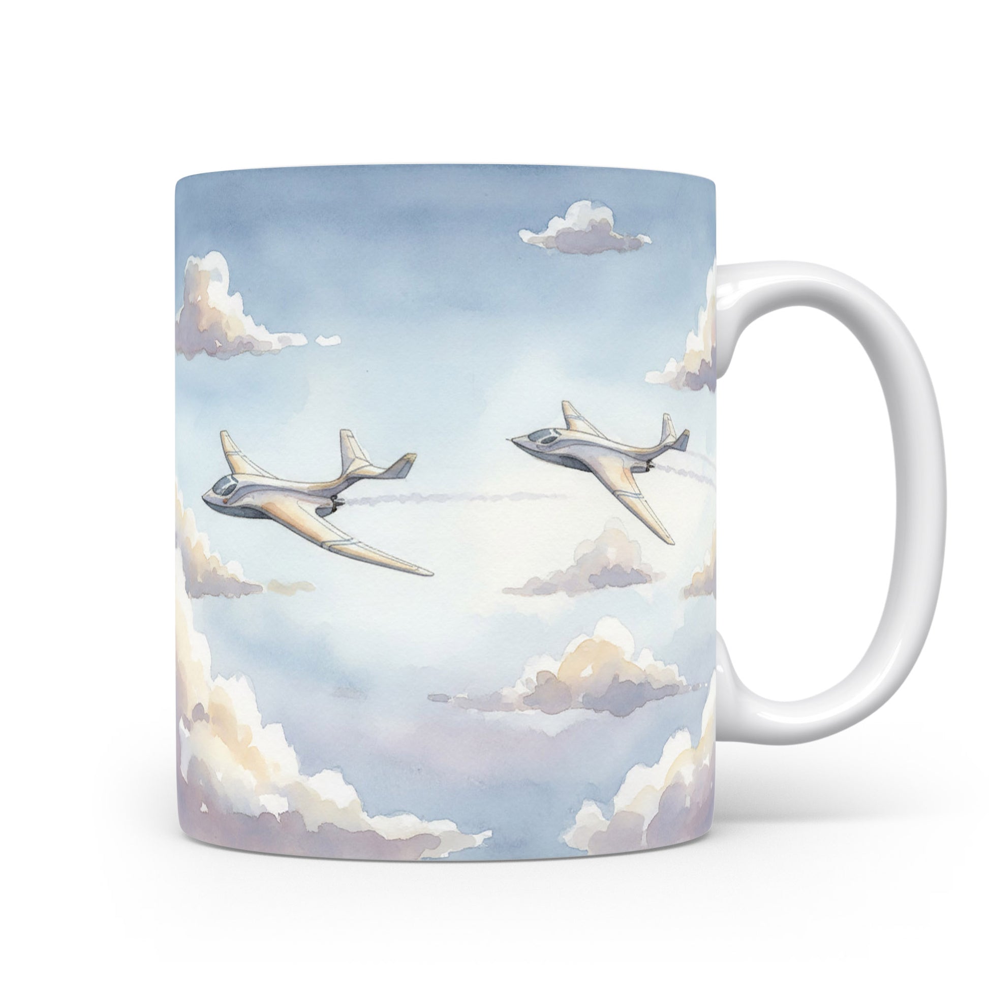 Hrnek s akvarelovými letadly v oblacích
