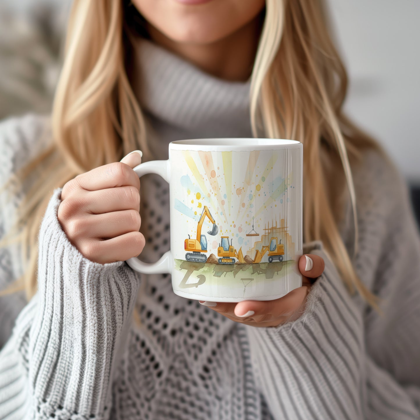 Hrnek s akvarelovými stavebními stroji