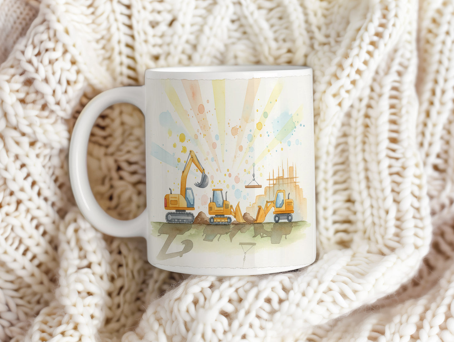 Hrnek s akvarelovými stavebními stroji