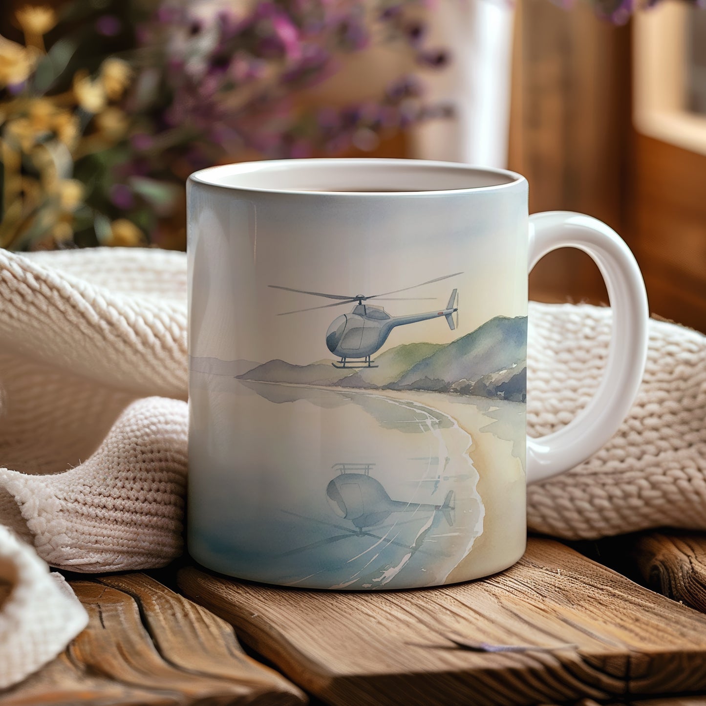 Hrnek s akvarelovou helikoptérou nad pobřežím