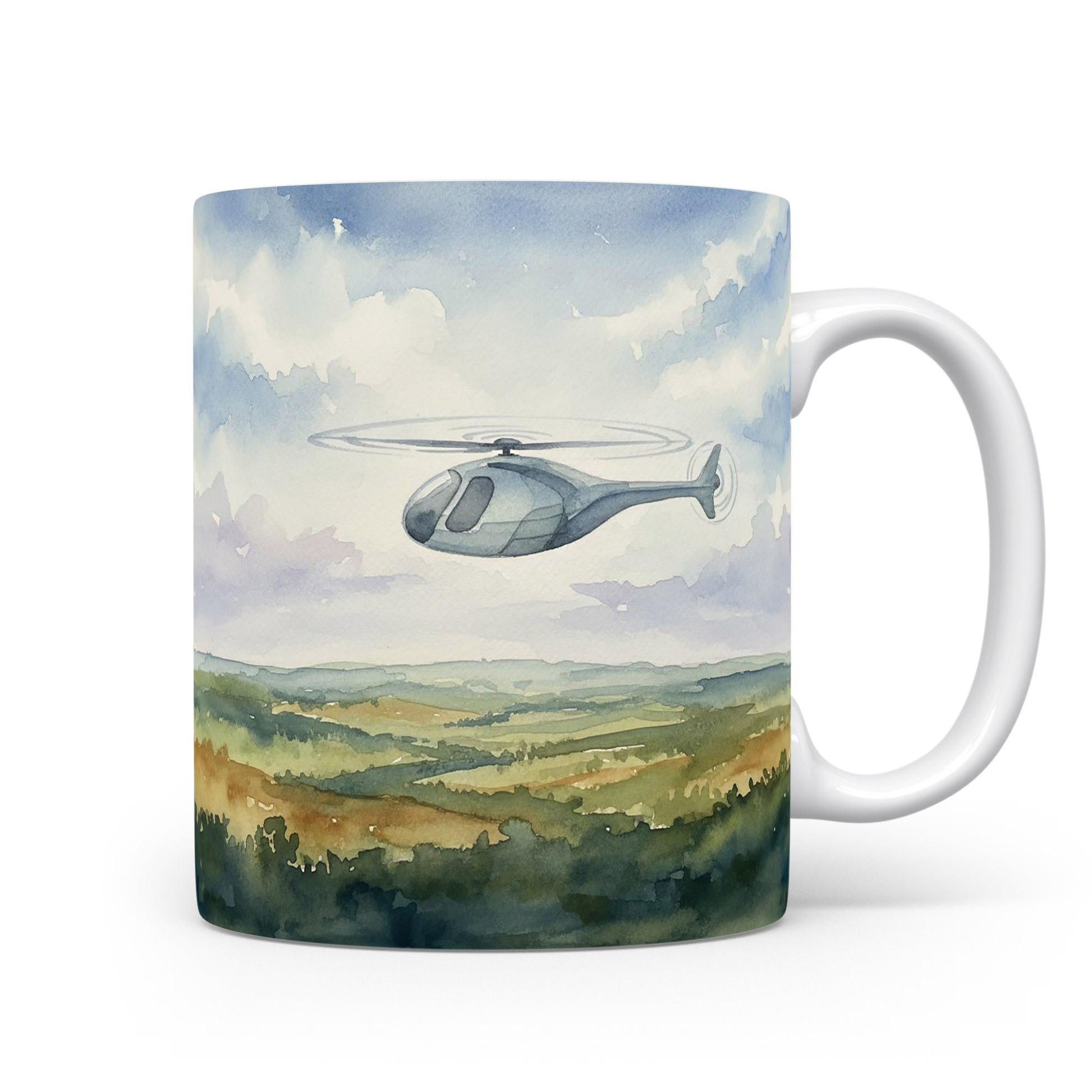 Hrnek s akvarelovým vrtulníkem nad krajinou