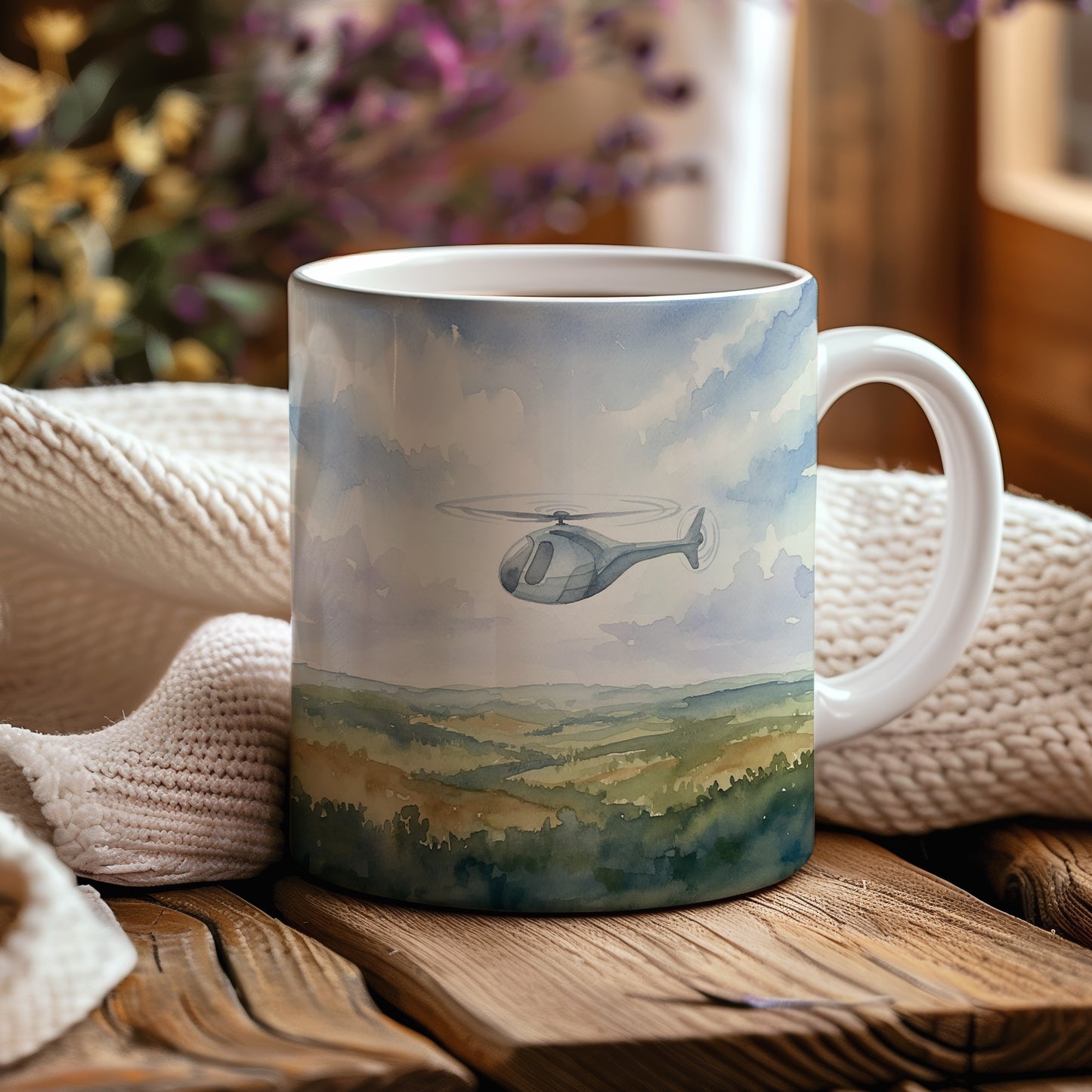 Hrnek s akvarelovým vrtulníkem nad krajinou