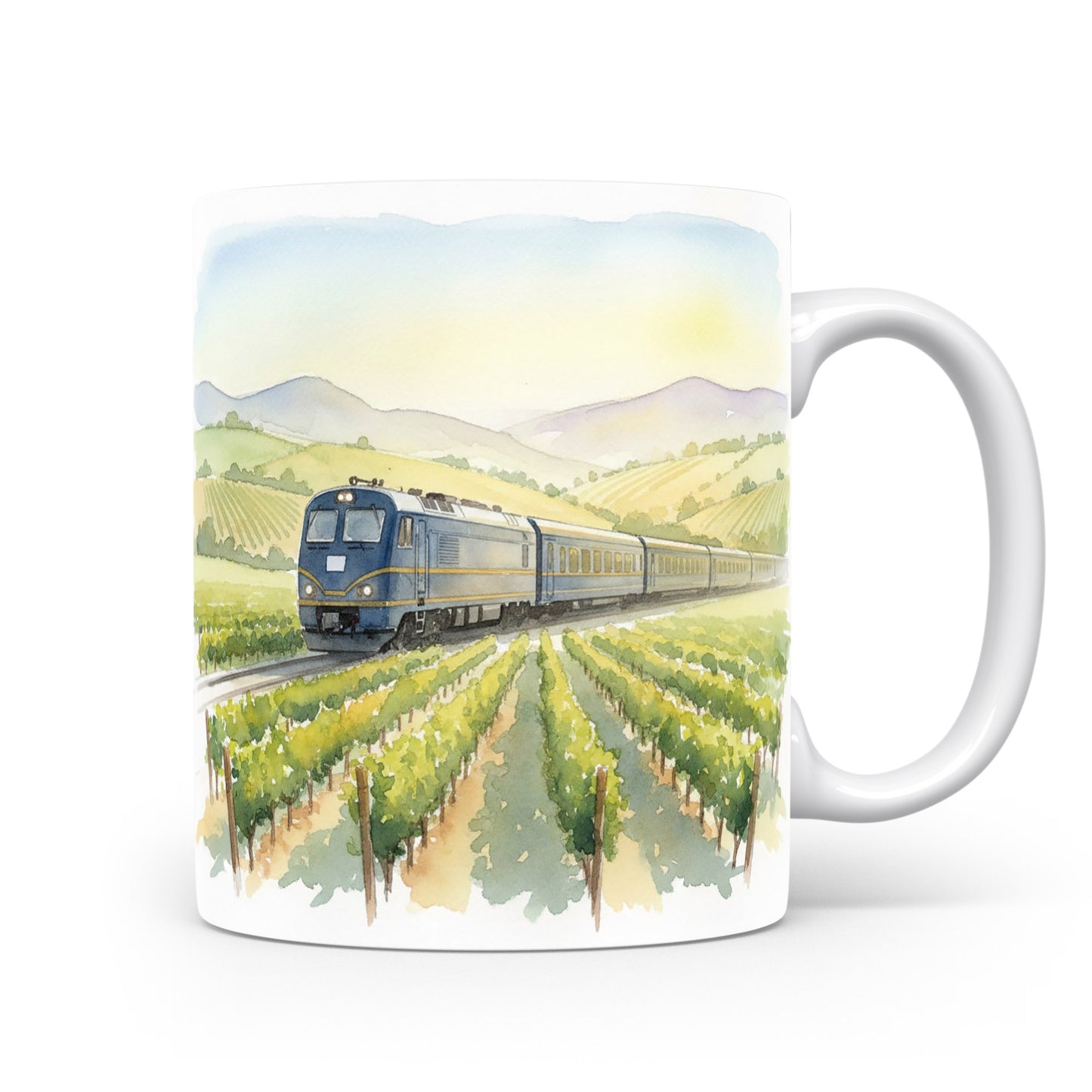 Hrnek s lokomotivou projíždějící vinicemi