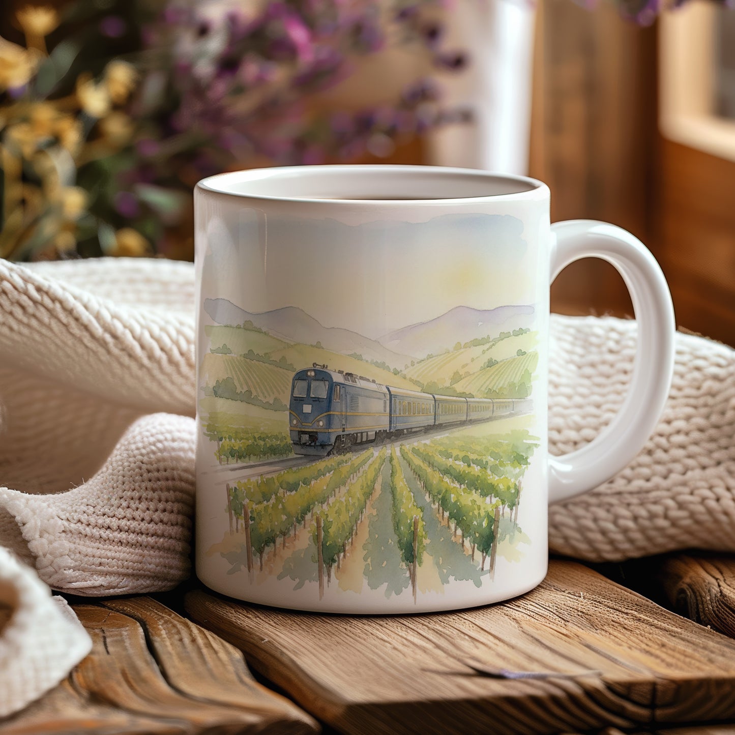 Hrnek s lokomotivou v údolí vinic