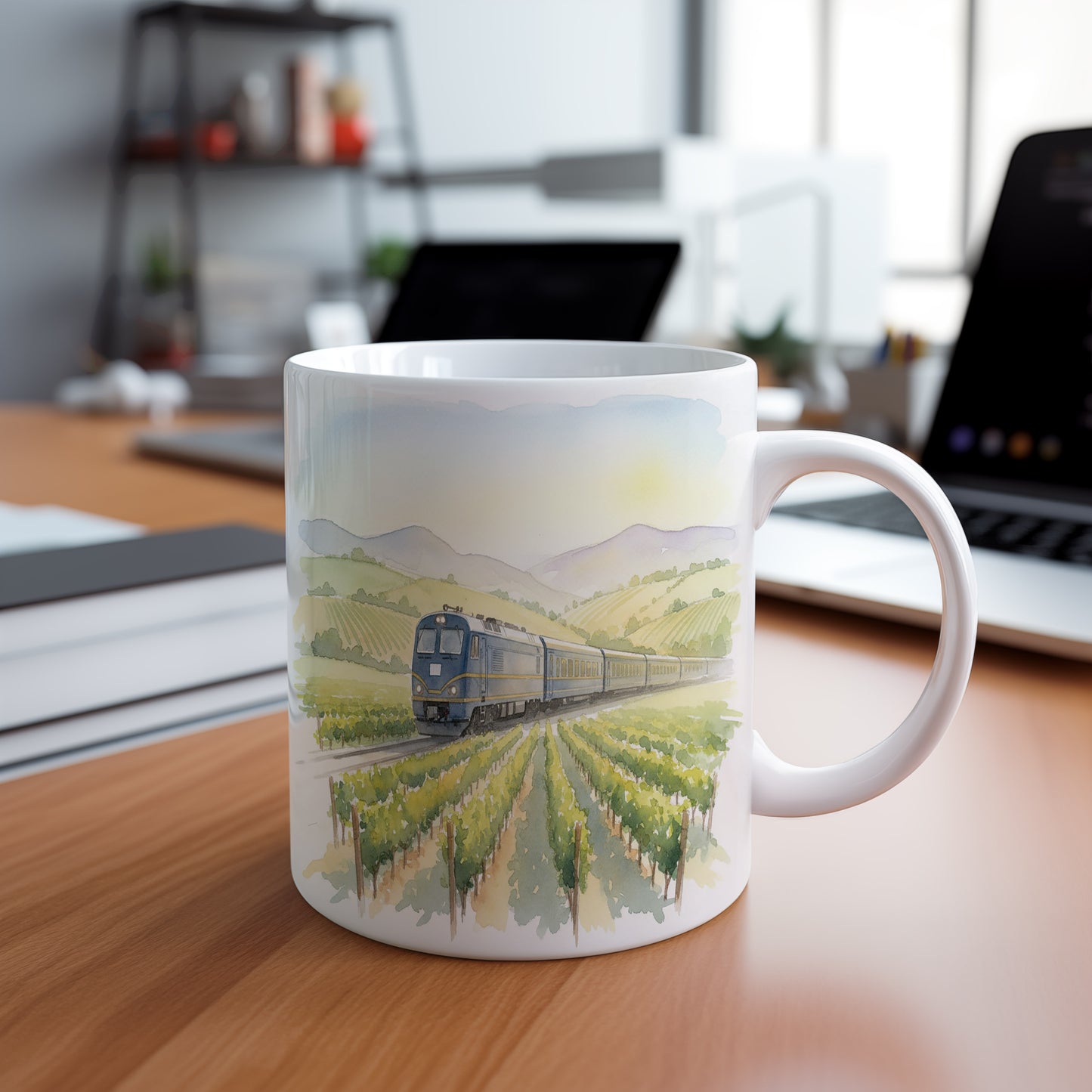 Hrnek s lokomotivou v údolí vinic