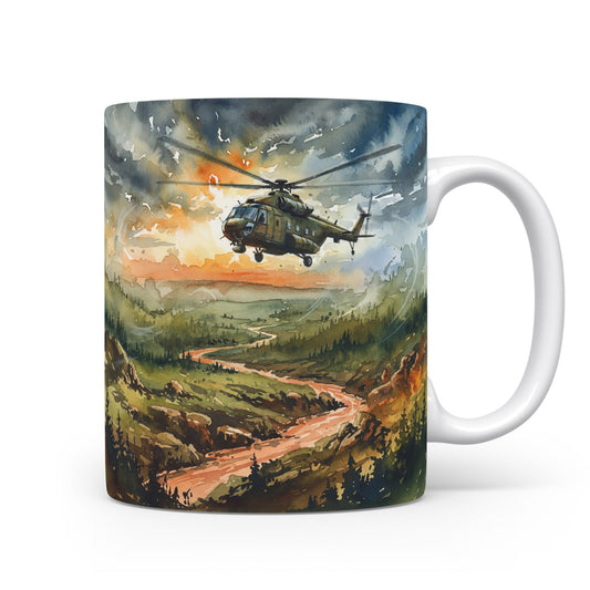 Helikoptéra v akvarelu nad krajinou