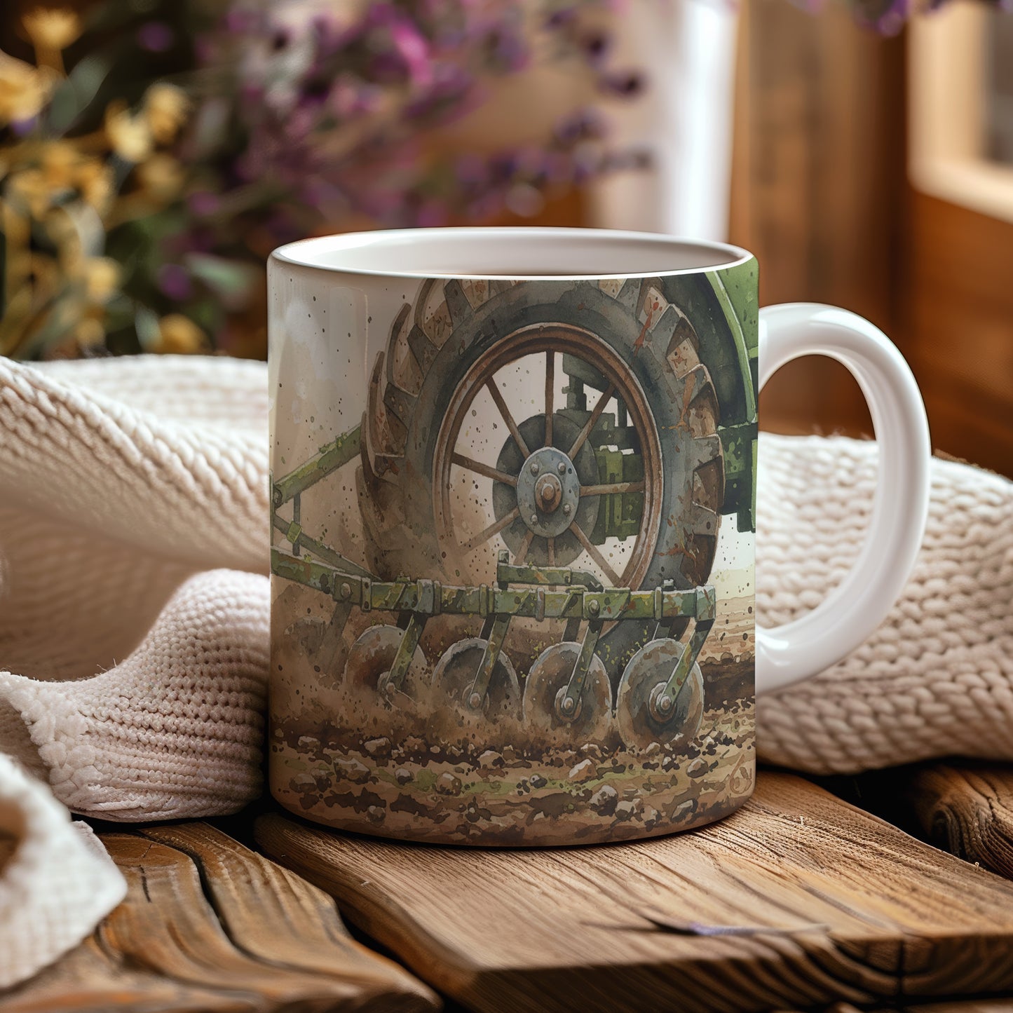 Hrnek s akvarelovým motivem traktoru v poli