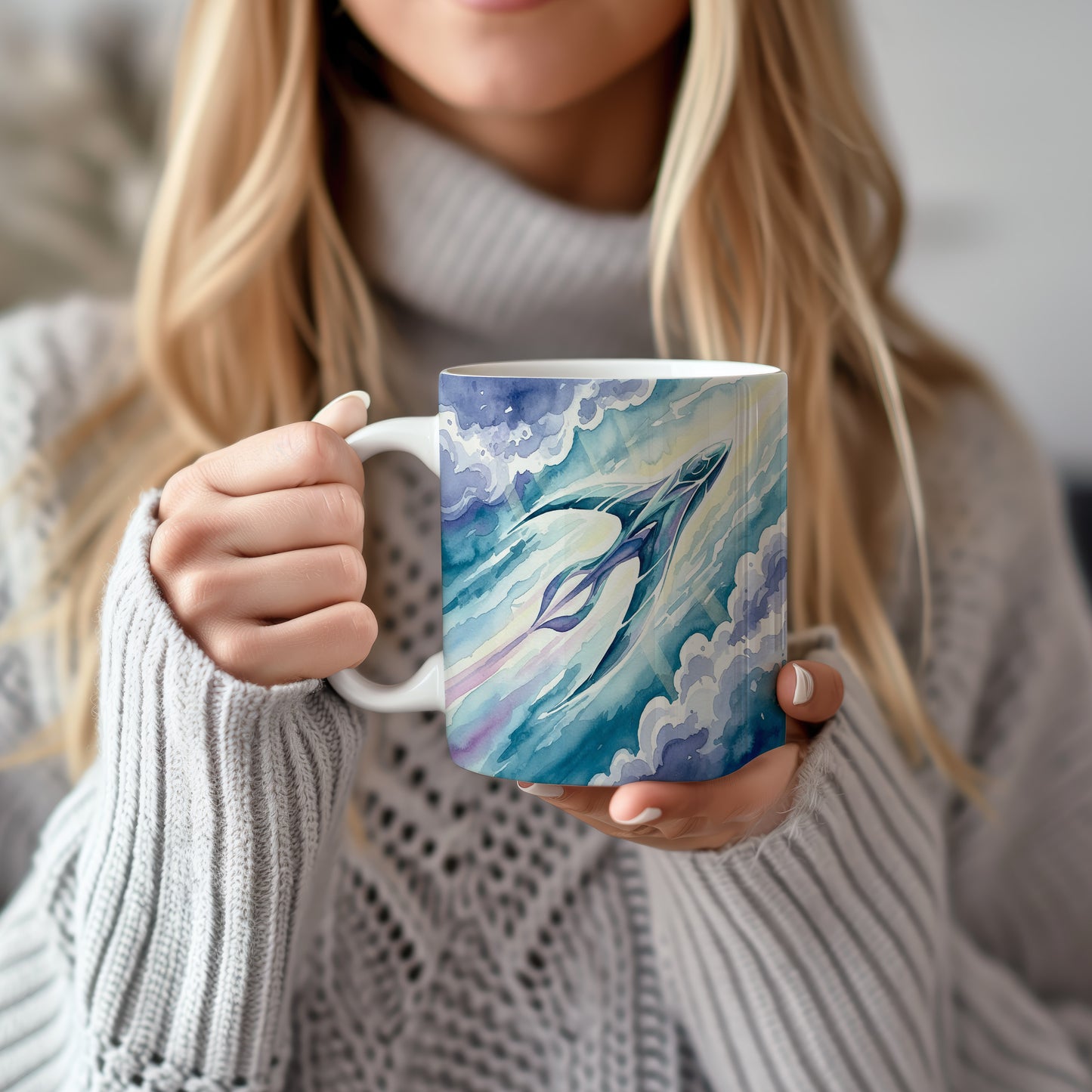 Hrnek s futuristickým tryskáčem v oblacích