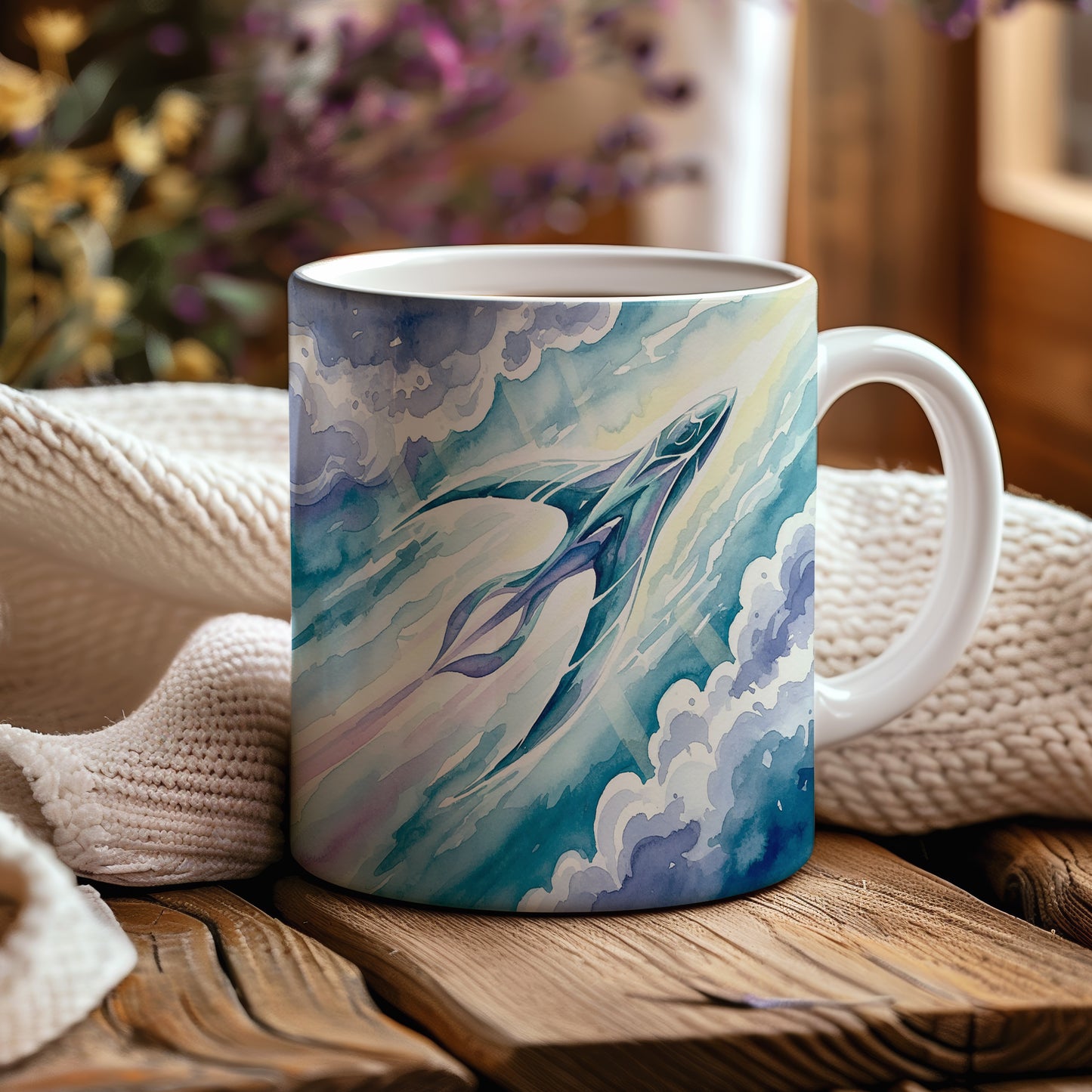 Hrnek s futuristickým tryskáčem v oblacích