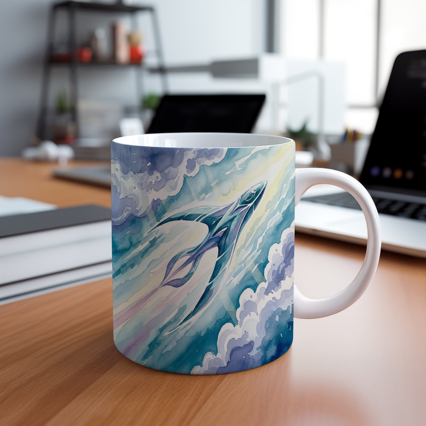 Hrnek s futuristickým tryskáčem v oblacích