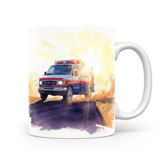 Hrnek s akvarelovou sanitkou při západu slunce