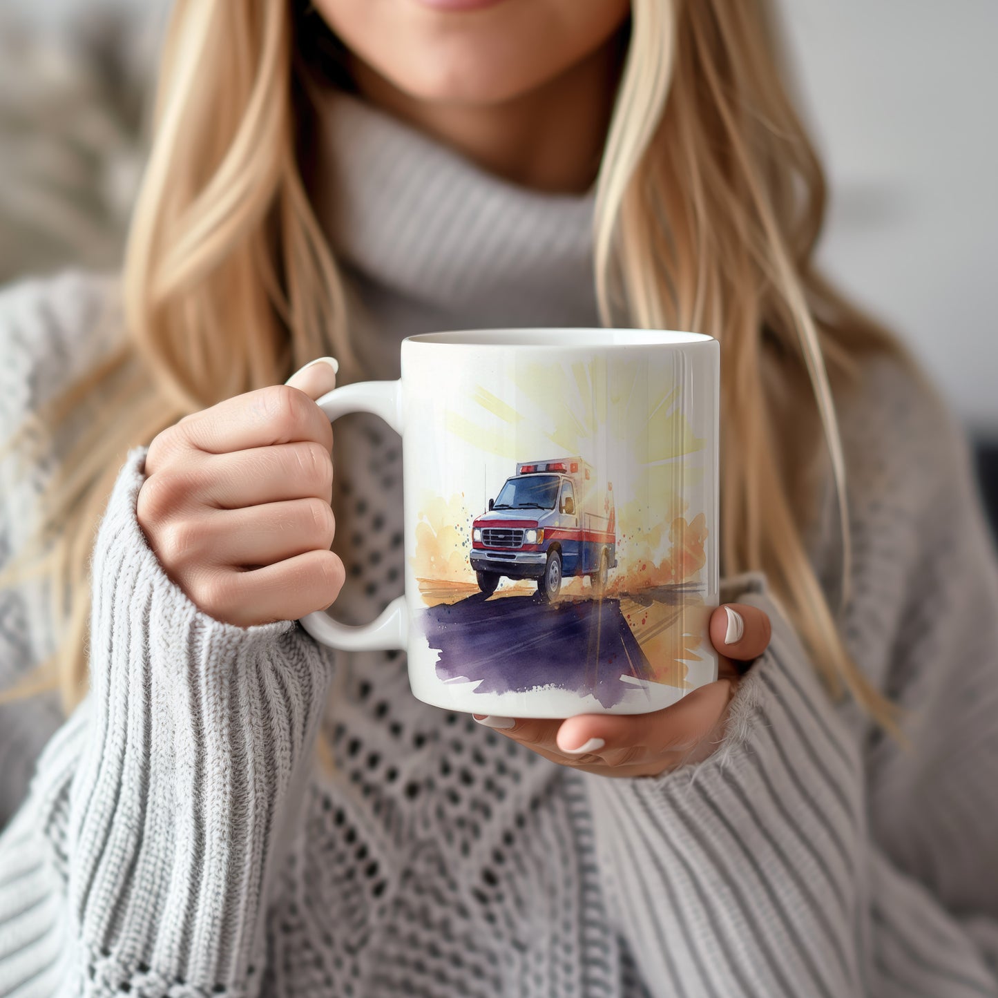 Hrnek s akvarelovou sanitkou při západu slunce