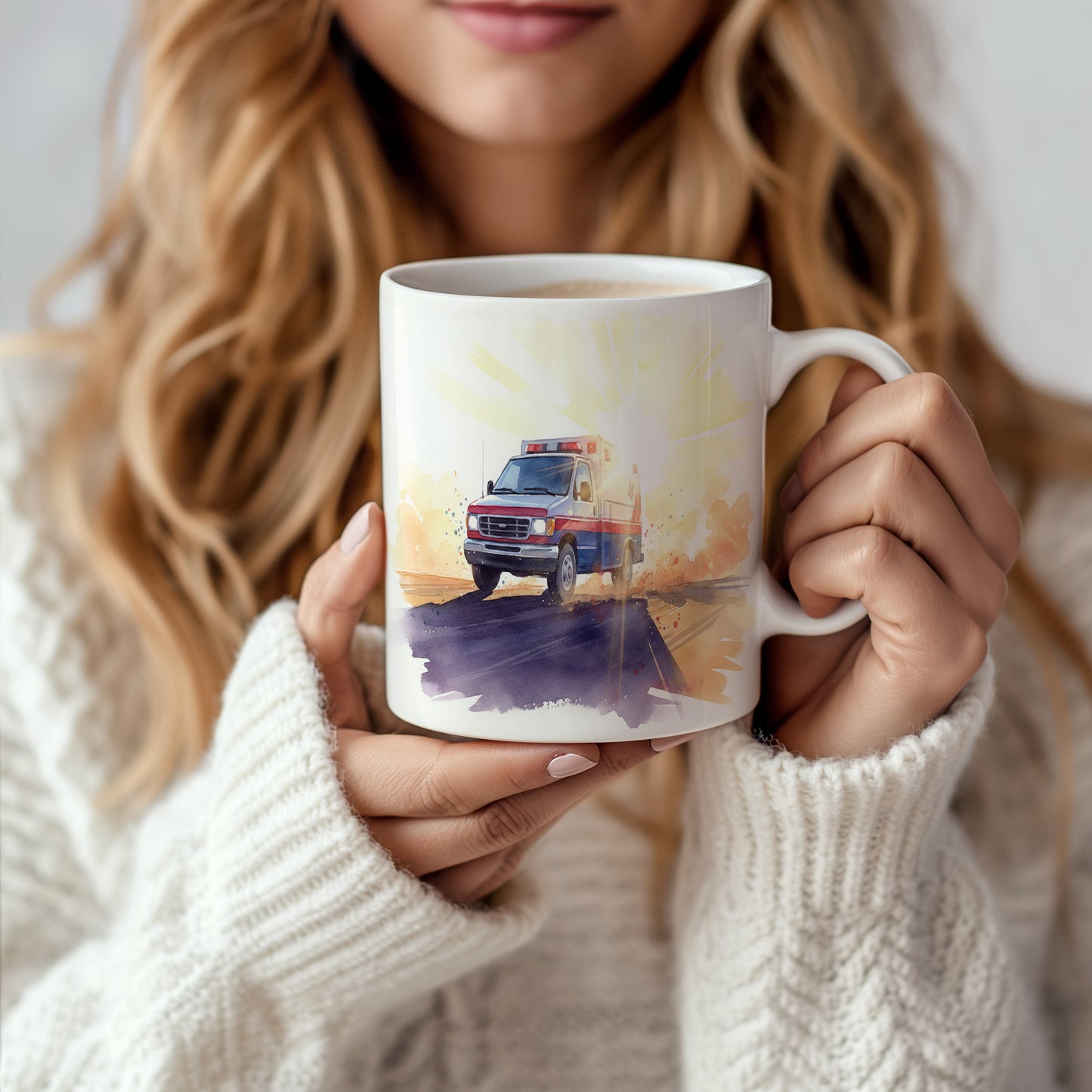 Hrnek s akvarelovou sanitkou při západu slunce