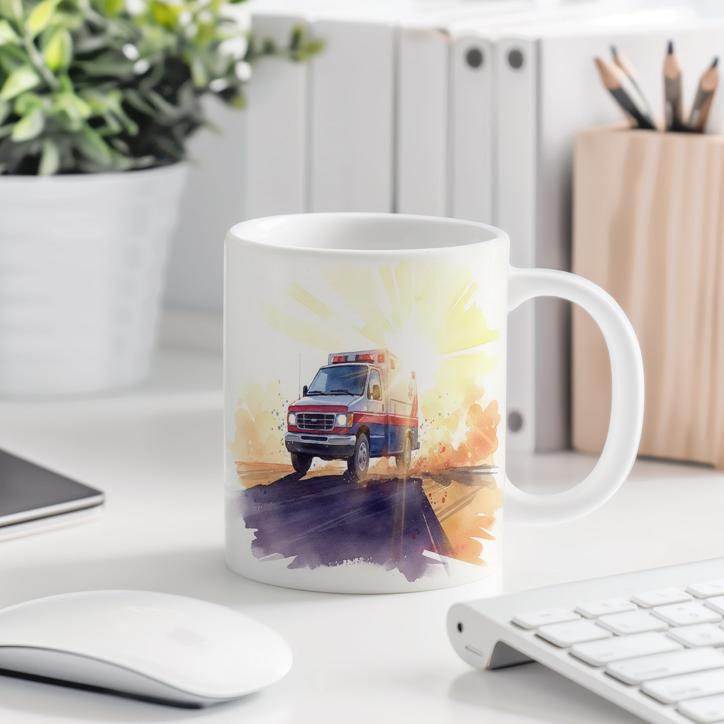 Hrnek s akvarelovou sanitkou při západu slunce