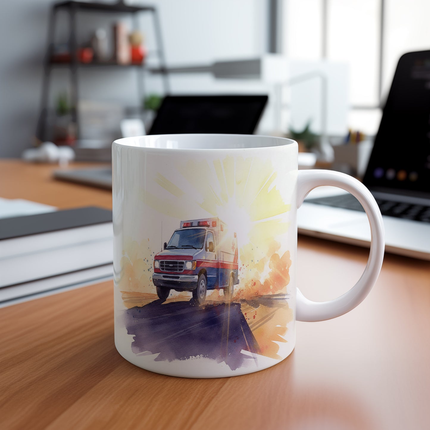 Hrnek s akvarelovou sanitkou při západu slunce