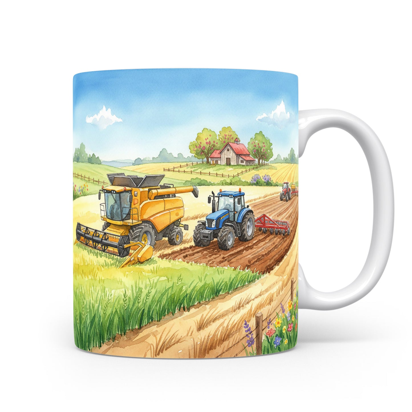 Hrnek s akvarelovým kombajnem a traktorem na poli