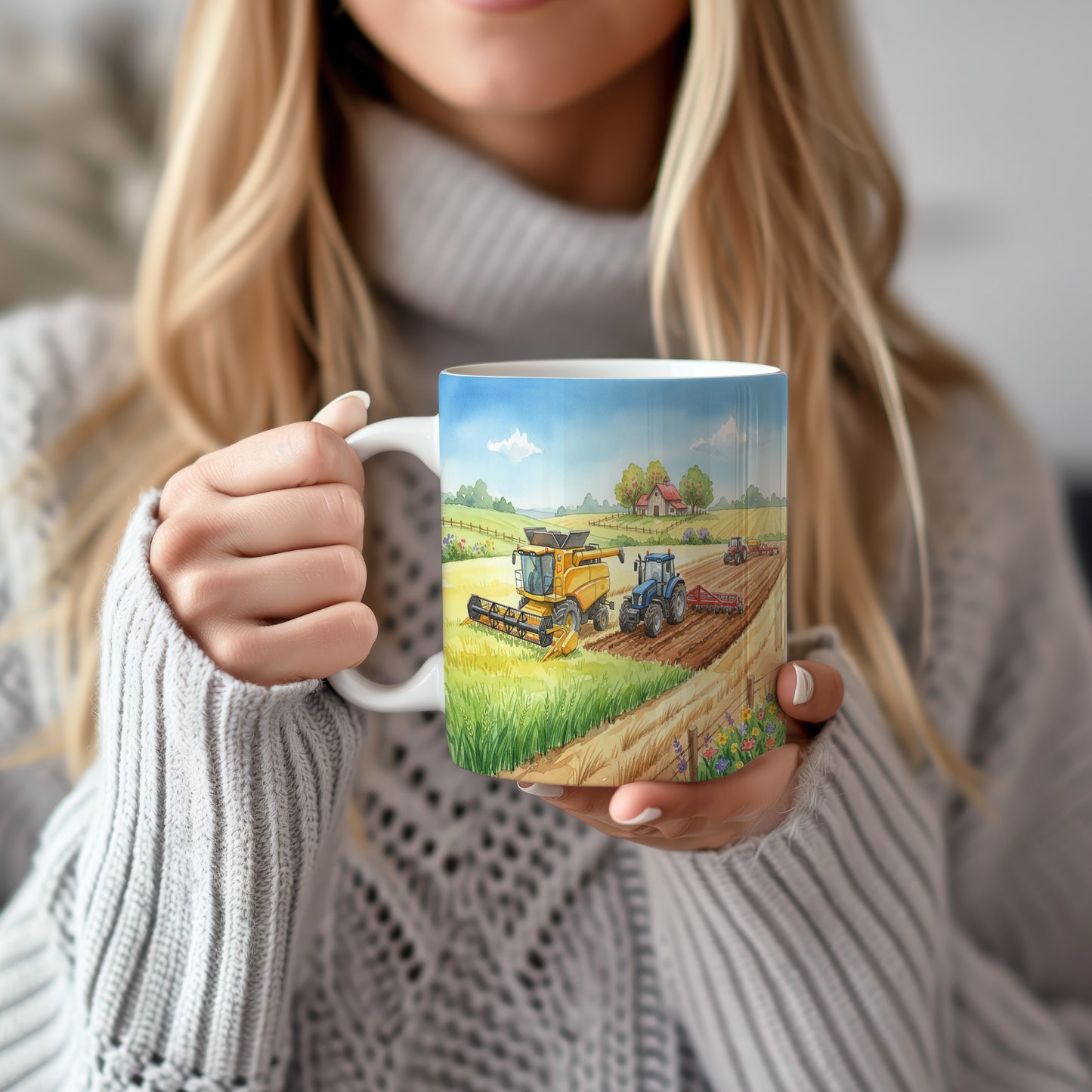 Hrnek s akvarelovým kombajnem a traktorem