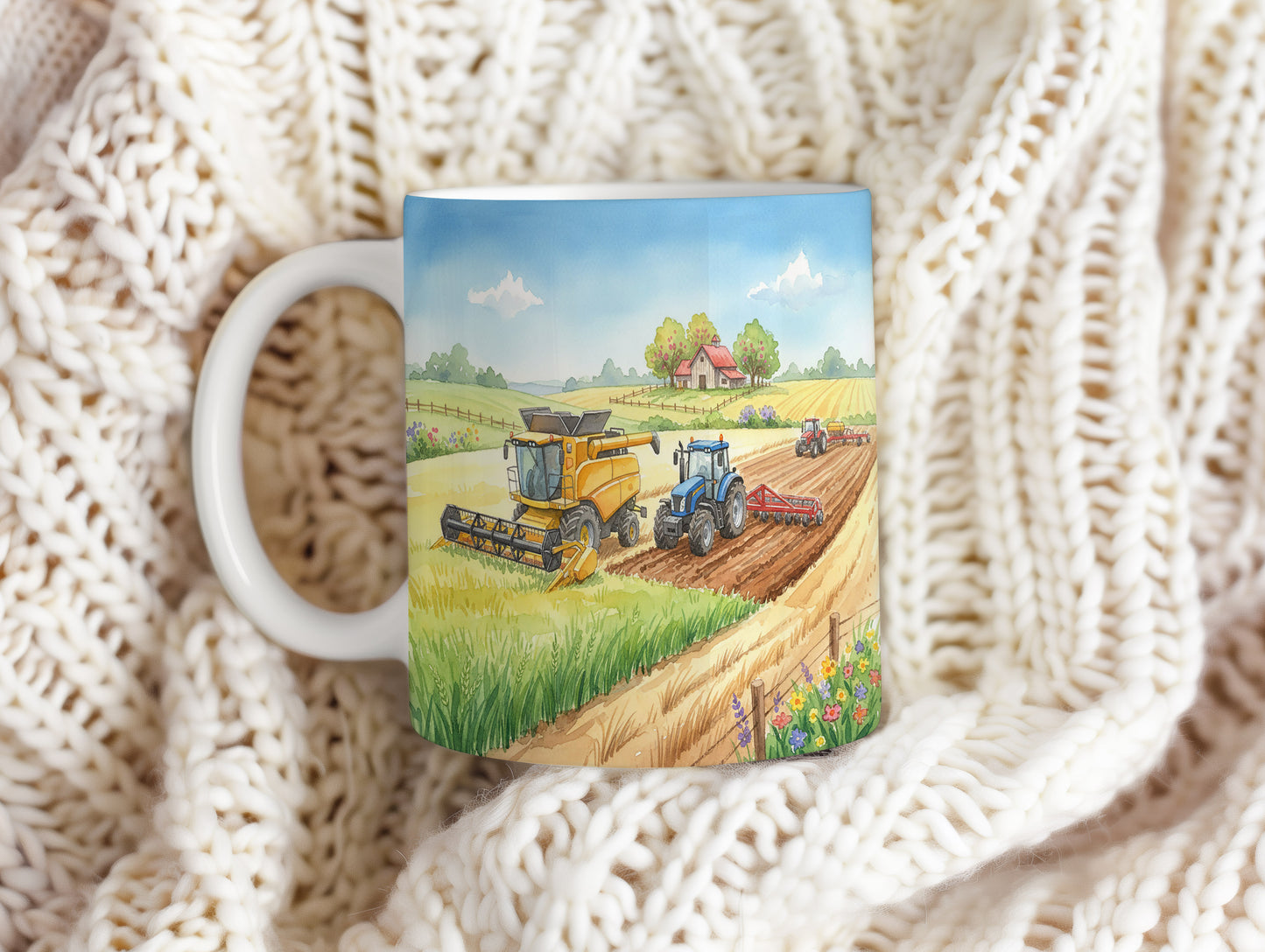 Hrnek s akvarelovým kombajnem a traktorem