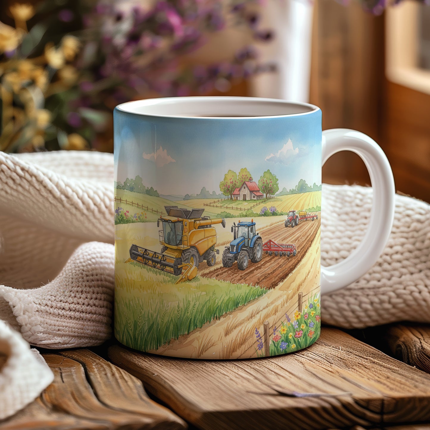 Hrnek s akvarelovým kombajnem a traktorem